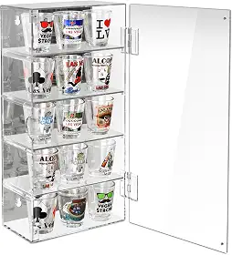 Ikee Design Vitrine de Acrílico Traseira Espelhada com Porta, Vitrine de Coleção Ajustável de 5 Níveis para Mini Figuras Funko Pop e Muito Mais, Independente Ou Montada Na Parede, Transparente