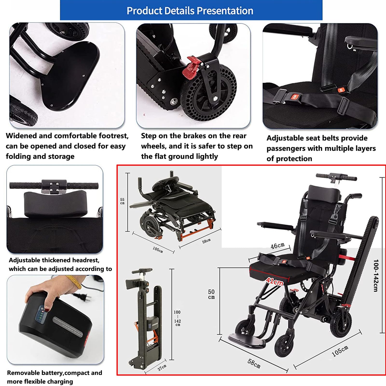 Nuovo montascale elettrico + combinazione di sedia a rotelle manuale 2 in 1, sedia a rotelle intelligente per salire e scendere le scale,pieghevole leggero,batteria da 13A,carico massimo 330 libbre