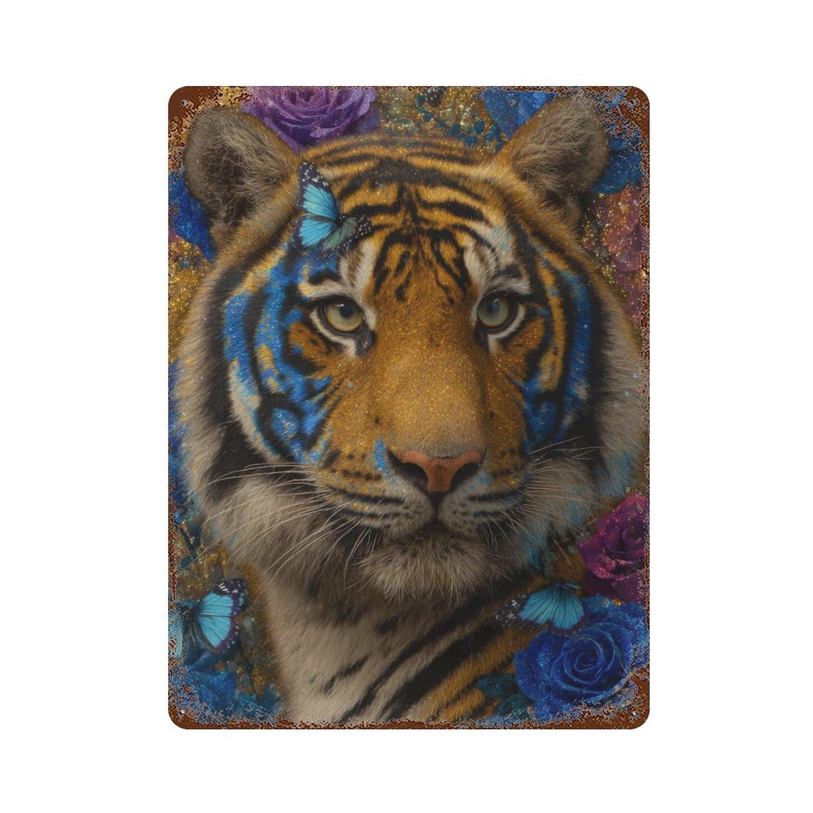 Tiger with Blue Roses Rustic Tin Plaque 15.7"x11.8", Rustic Home Decor for Office, Studio And Wall Decor