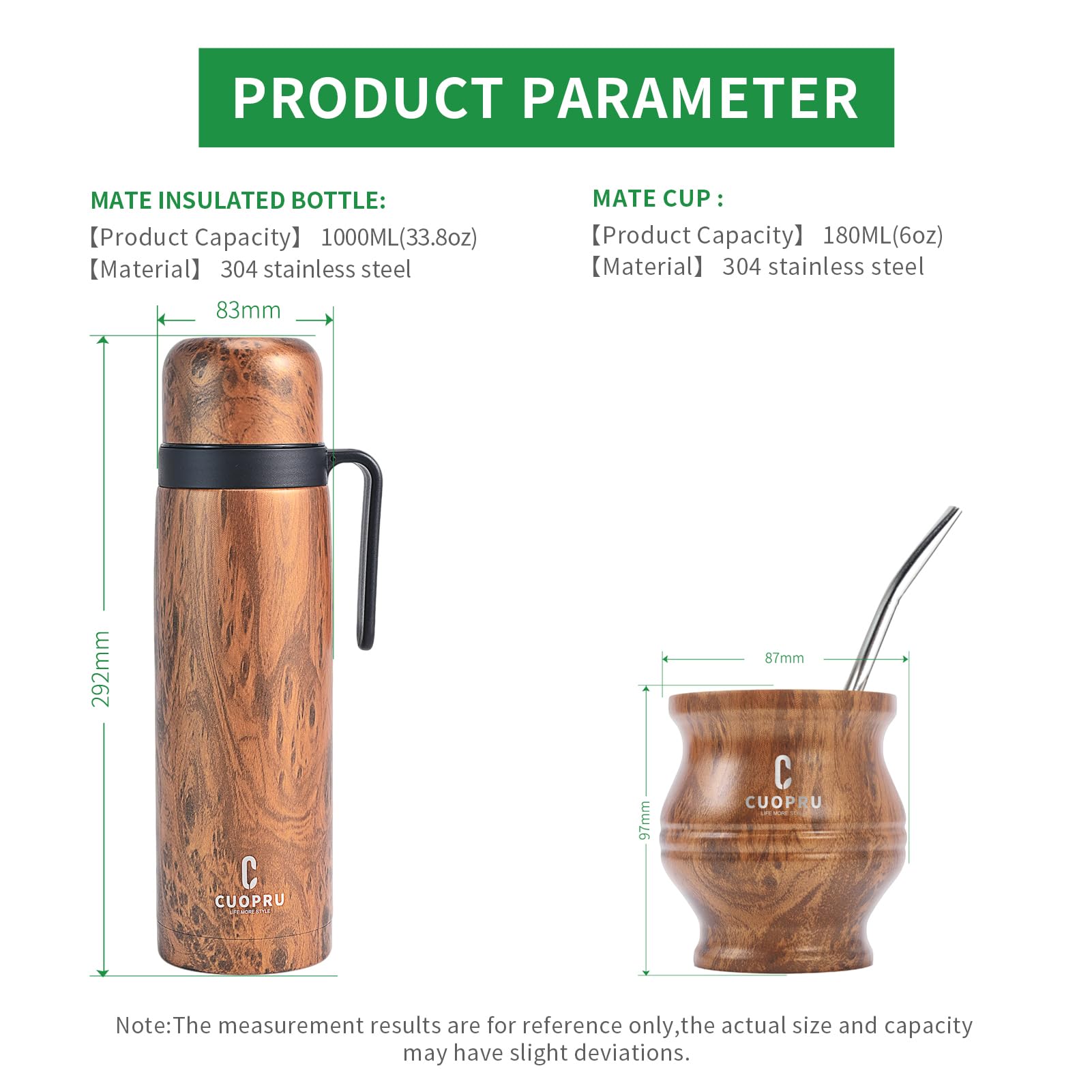 Set Tazza e Termo Yerba Mate – Borraccia Moderna per Maté, Bottiglia Termica, Bombilla e Spazzola di Pulizia Incluse – Tutto in Acciaio Inox 304 18/8 di Qualità Premium (Grano di Legno)
