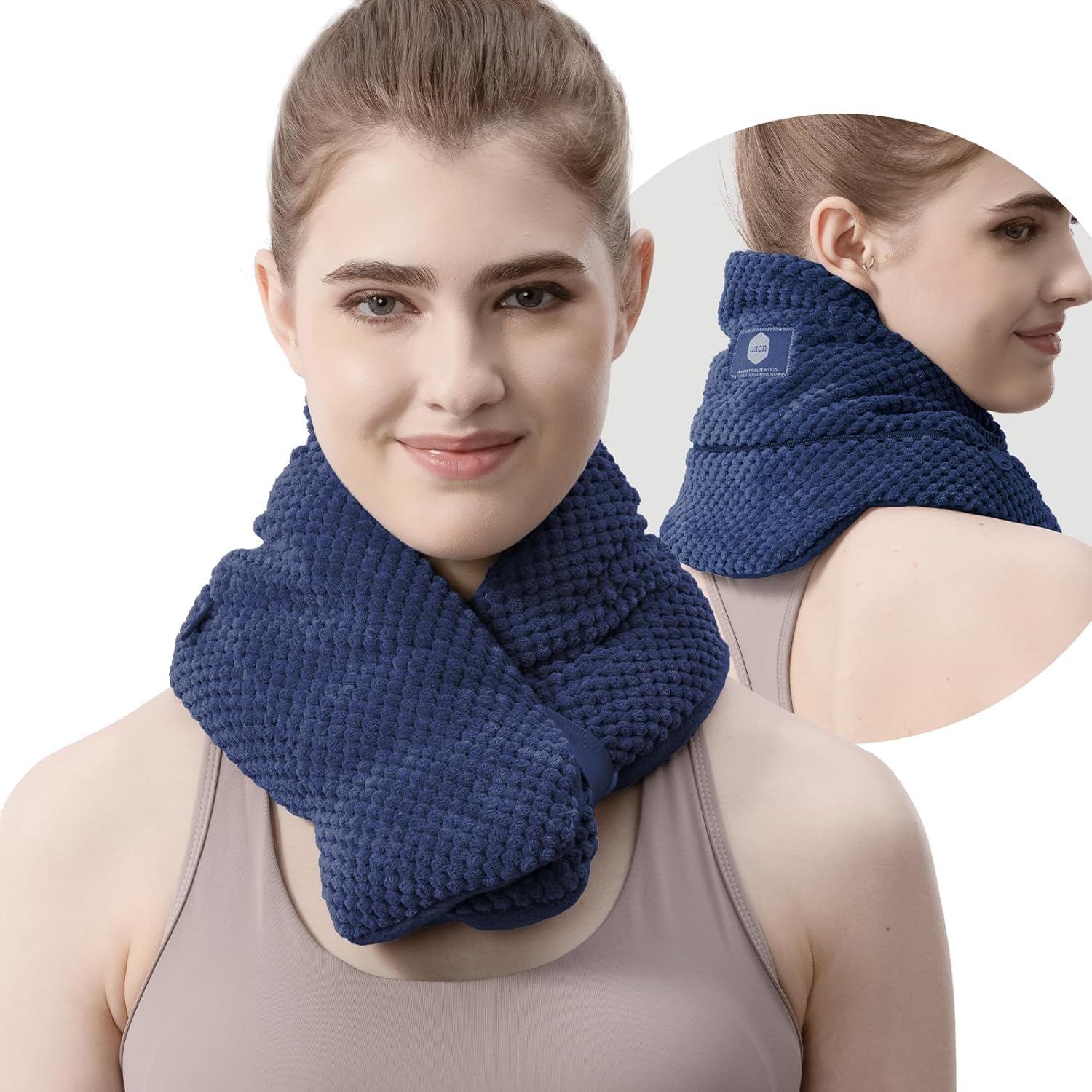 UNCN Mikrowellen-Nackenwärmkissen mit waschbarem Bezug, breit, gewichtet, beheizt, zur Schmerzlinderung, Wärmepackung, mikrowellengeeignet, Weizenbeutel, Heißtherapie (blau)