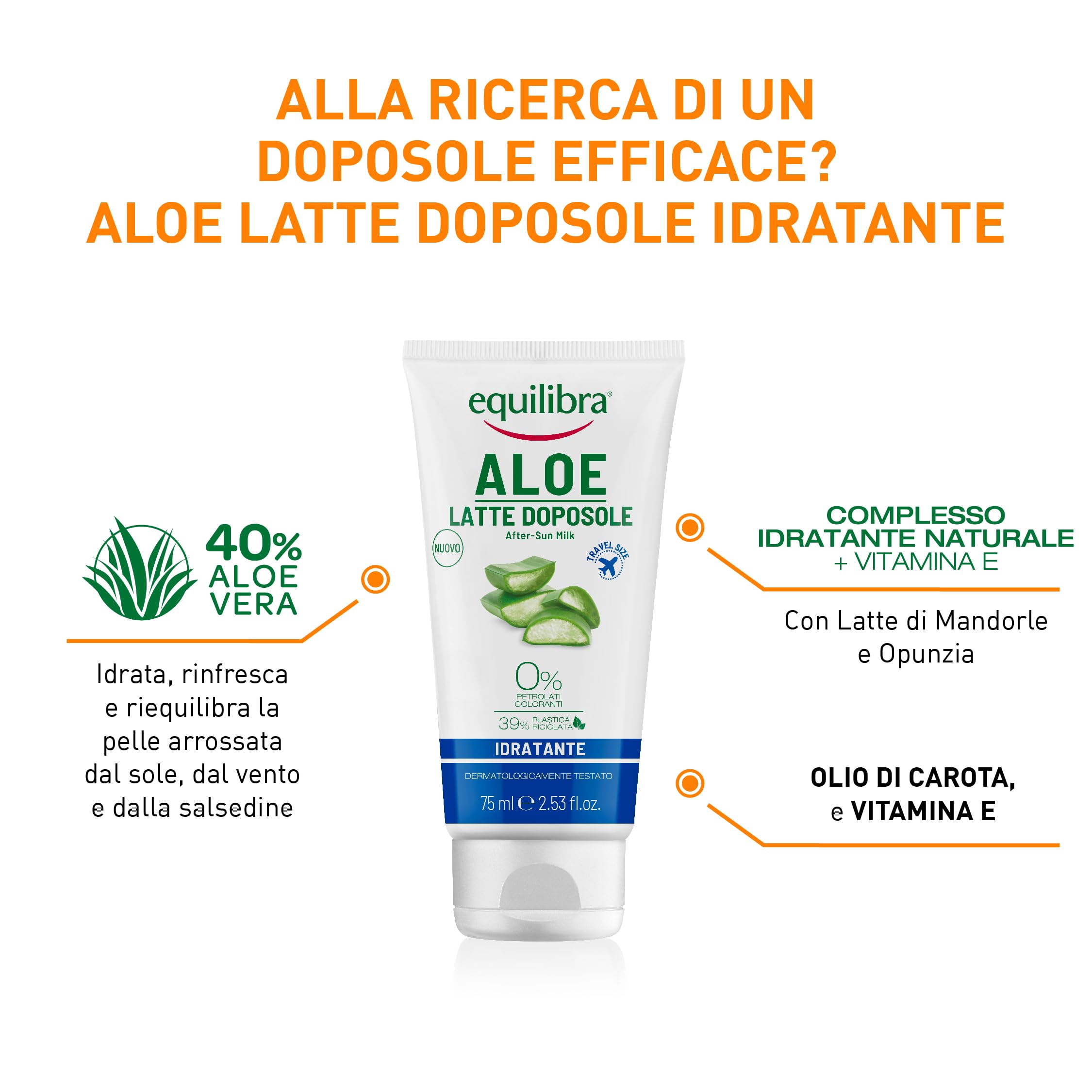 equilibra Solari, Aloe Latte Doposole Idratante Travel Size, a Base di Olio di Carota, Vitamina E, Aloe Vera equilibra (40%), Doposole Idratante che Rinfresca e Riequilibra la Pelle Arrossata, 75 ml