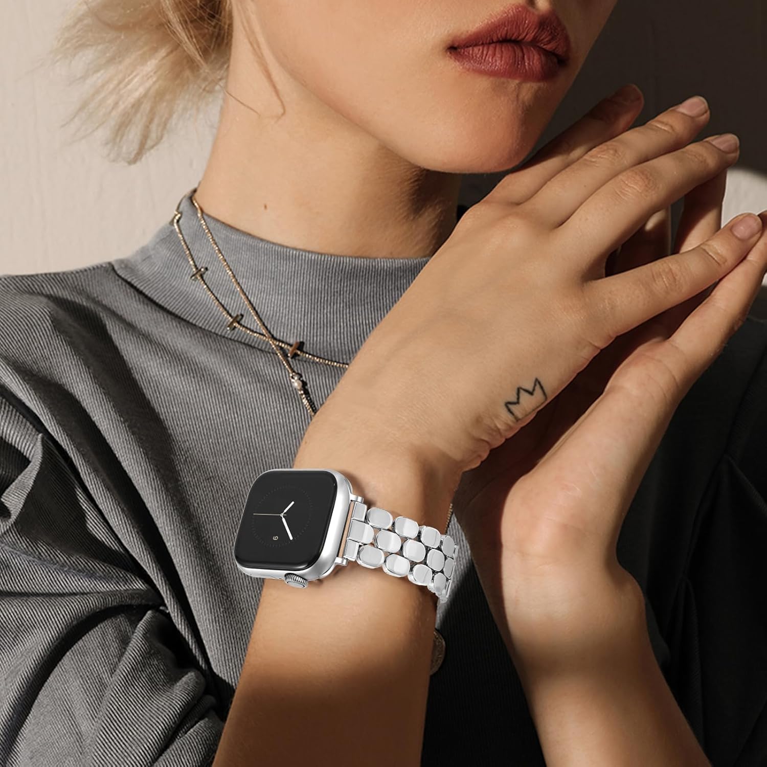 JR.DM Gold Sliver Designer Metal Watch Bands for Women Compatible with Apple Watch 38mm 40mm 41mm 42mm 44mm 45mm 46mm 49mm Adjustable Luxury Dressy Band for iWatch Series SE 11/10/9/8/7/6/5/4/3/2/1 - Image 6