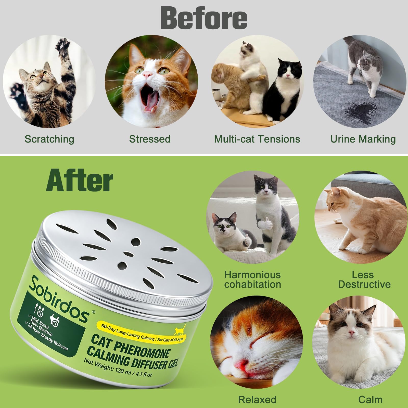 Diffusore Gel Calmante per Gatti, 120ml Senza Elettricità, 60 Giorni Durata, Coperchio Regolabile, Sicuro per Gatti Domestici e Multi-Gatto (Bianco, M)