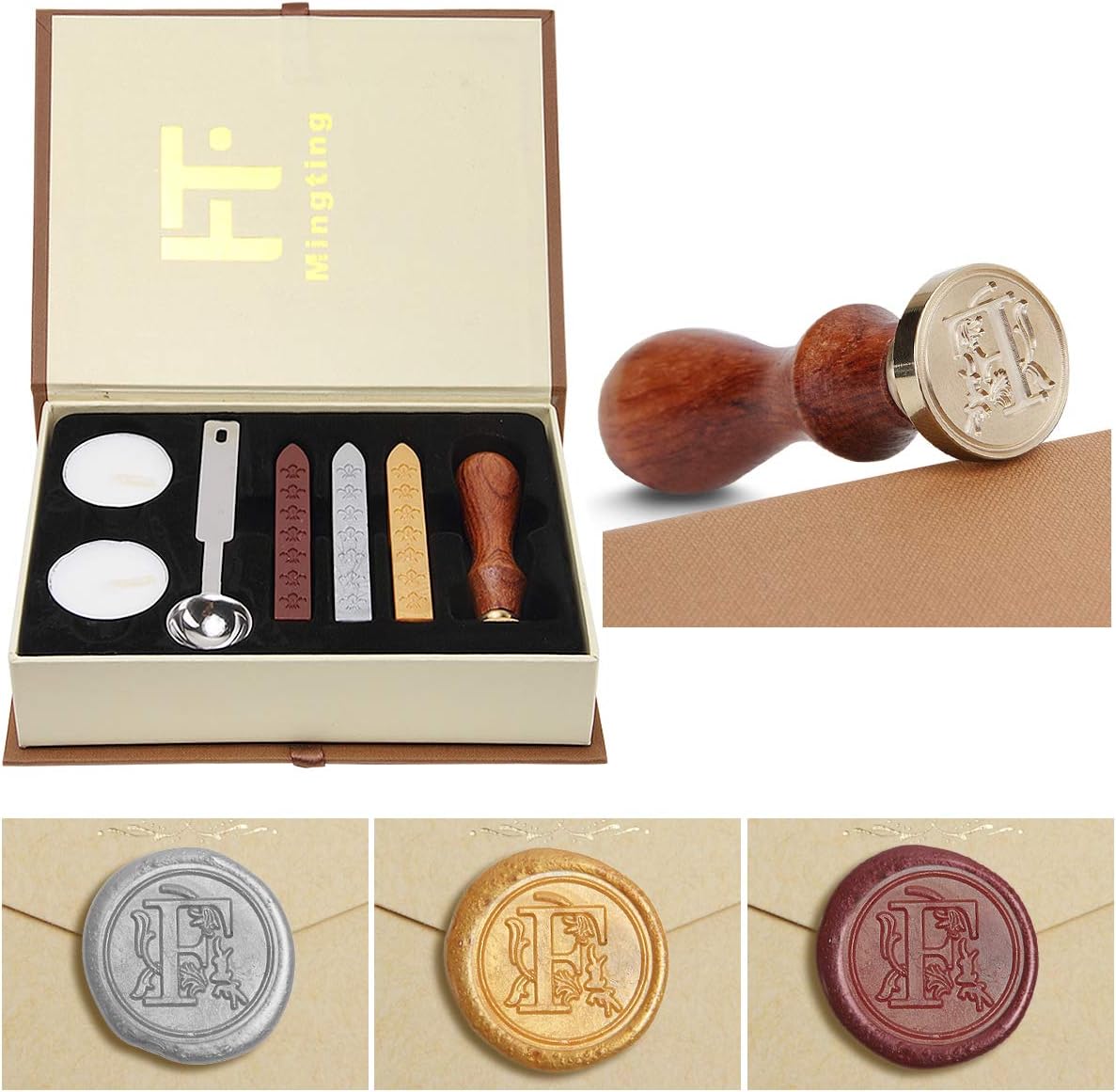 Mingting Wax Seal Stamp Kit,Mingting Classical Old-Fashioned Antique Wax Stamp Seal Kit Initial Letters Alphabet Set Gift Box with Vintage Wooden Handle and Brass Color Head(F)