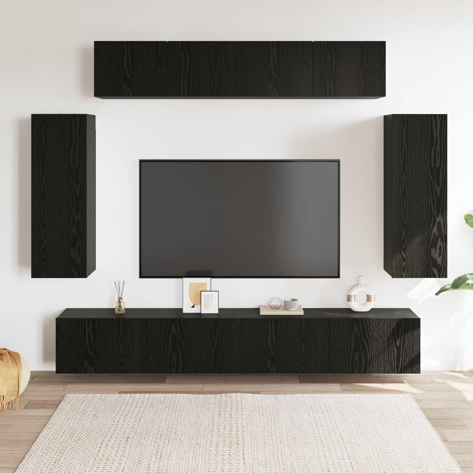 6-częściowy zestaw szafek pod telewizor o wyglądzie czarnego dębu, 100 x 30 x 30 cm, montaż ścienny z miejscem do przechowywania i regałami do salonu, konsoli multimedialnej i regałem HiFi