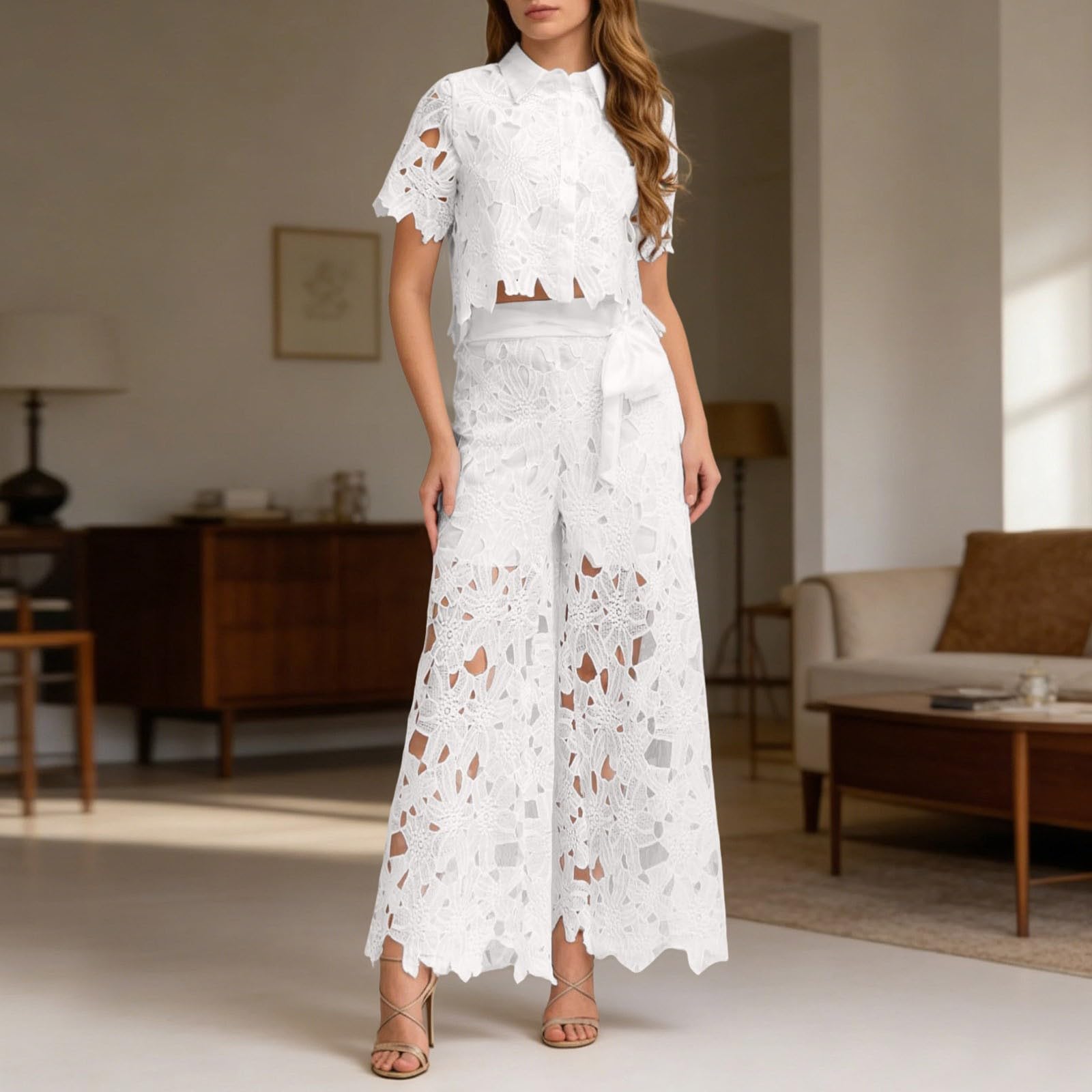 Générique Ensemble Femme Chic et Elegant 2 Pieces Chic et Elegant Été Deux Pièces Survetement Manches Courtes Pizzo Haut et Pantalon Ensemble Ampio Outfit Set Léger Décontracté De Plage