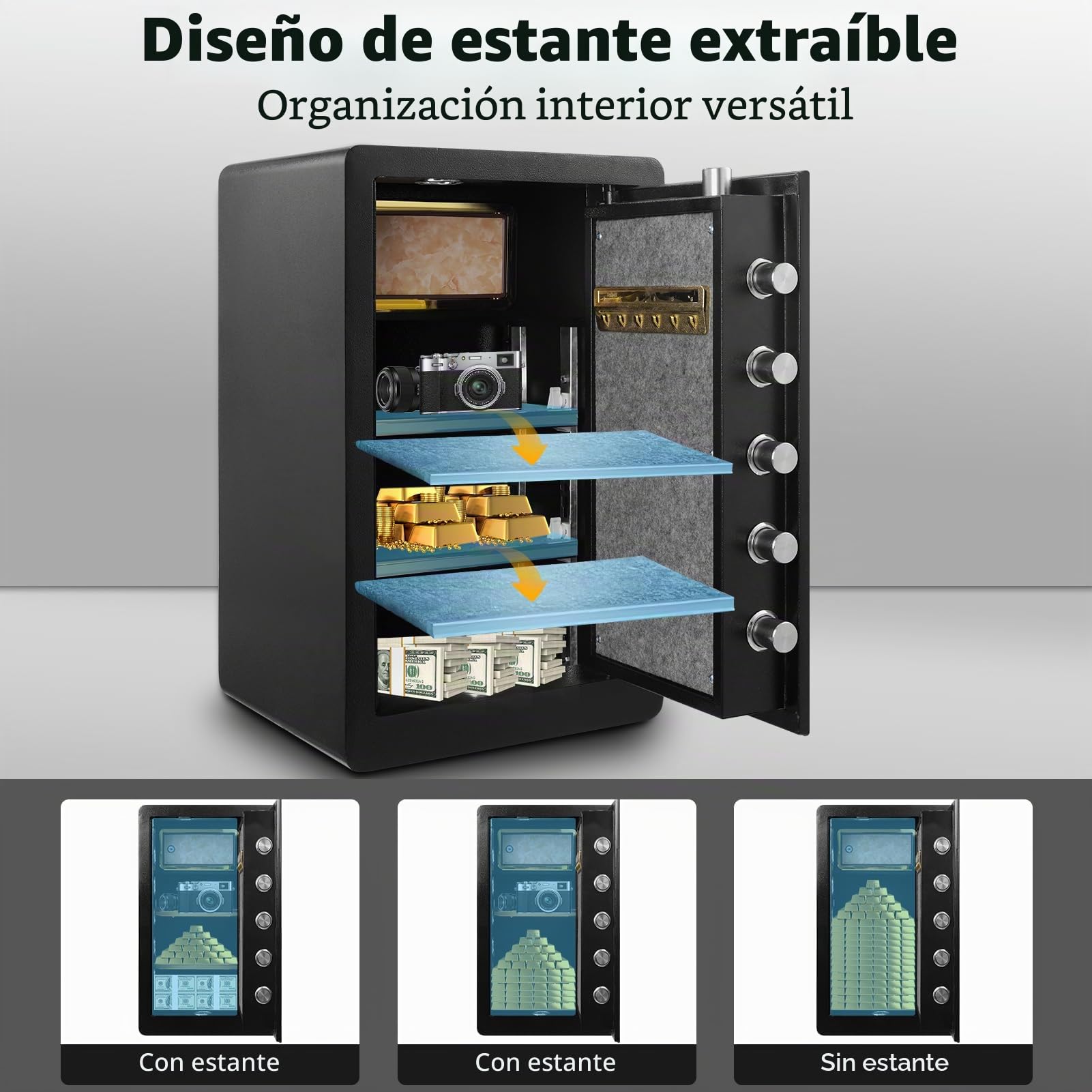 73L Gran caja fuerte ignífuga, caja fuerte electrónica con contraseña y llave, caja fuerte digital para muebles con estante extraíble, sistema de alarma, caja fuerte para dinero en efectivo, joyas