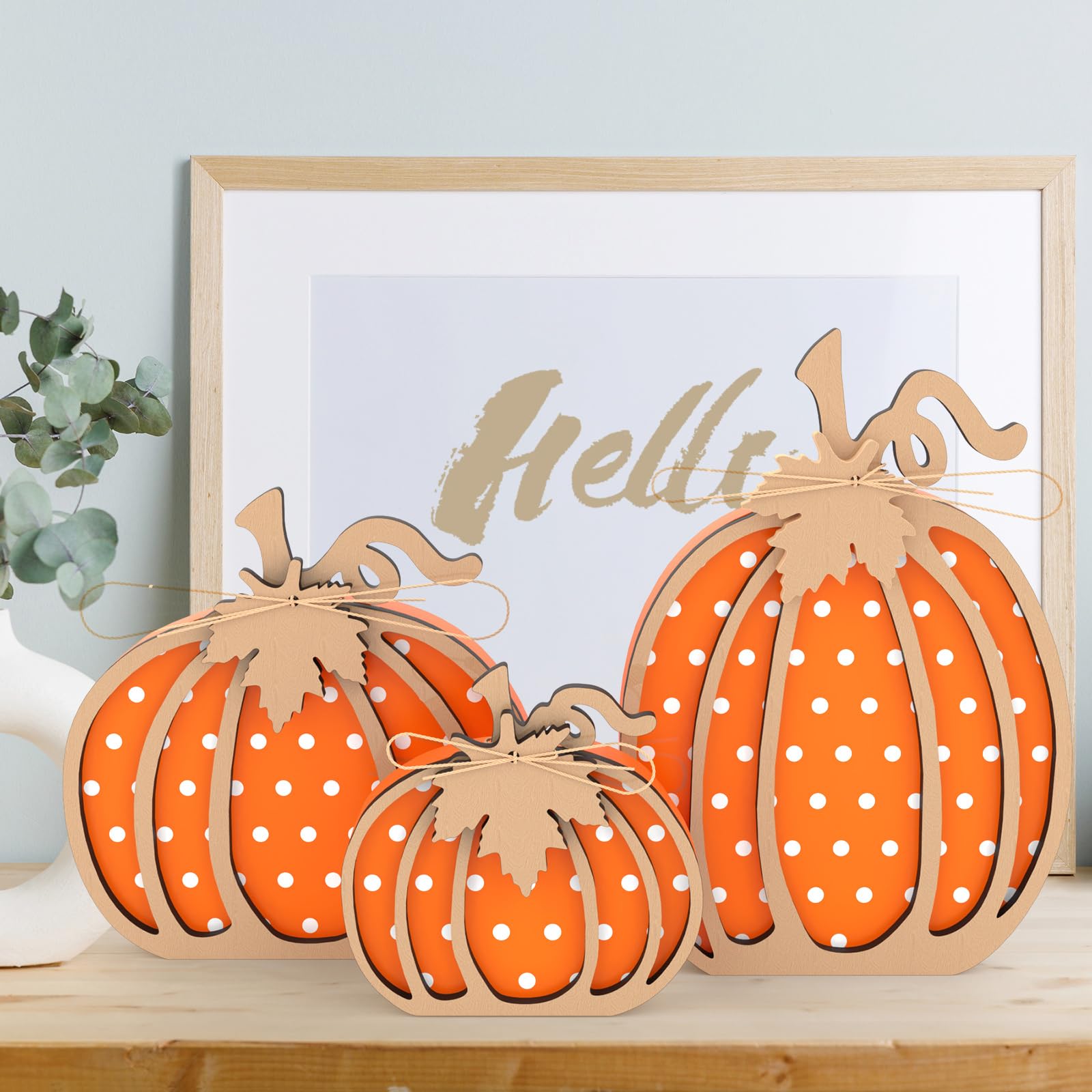 OLANRUN Fall Decorations for Home, Fall Decor - 3 Pcs Wooden Pumpkin Decor, Thanksgiving Decorations, Autumn Decor for Table Fireplace Shelf Bedroom