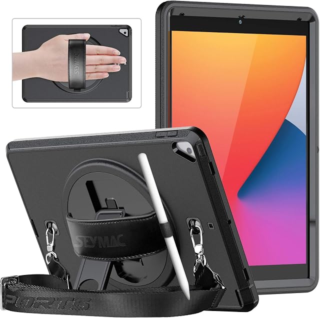 SEYMAC iPad 10.2 2021/2020/2019 Case,iPad 9th/8th/7th Generation Case ,Slim Shockproof iPad Case with Screen Protector,Hand Strap/Stand, Pencil Holder, Shoulder Strap for iPad 10.2 inch, Black