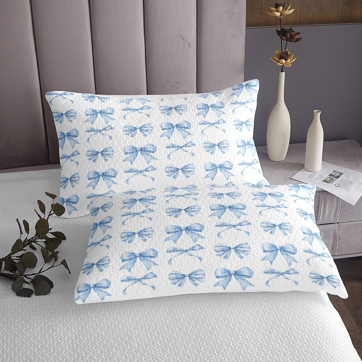 Erosebridal Blue Ribbon Bow Quilt Set Kawaii Cute Cartoon Bowknot Queen Bedspread Set | Watercolor Bow Tie Coquette Coverlet Sets Dreamy Princess Bows Quilted