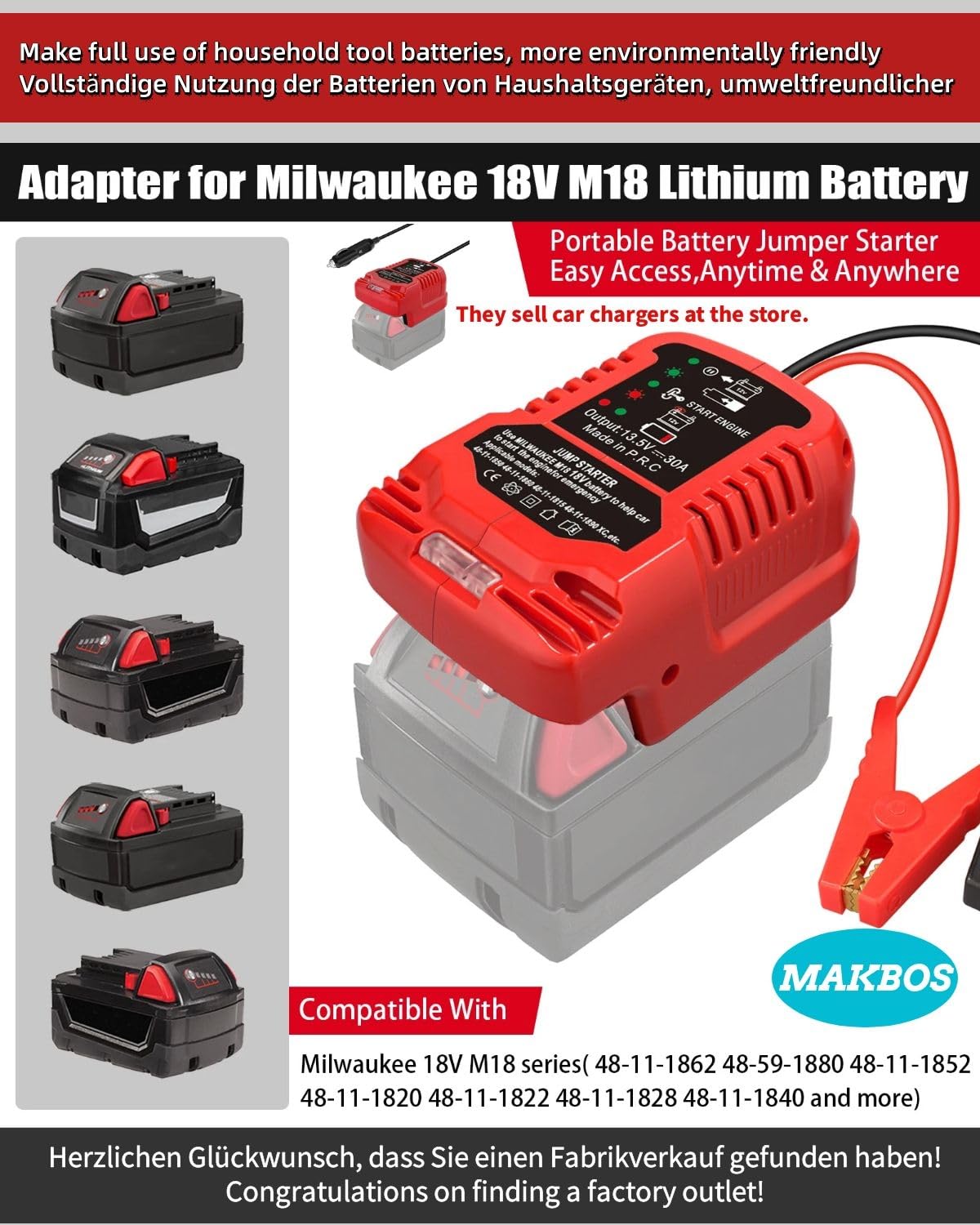 Auto Starthilfe Powerbank Adapter für Milwaukee18V M18 Akku,Starthilfegeräte für Autobatterien,Jump Starter,12V Tragbarer Batterie Booster Adapter,Auto Safe Batteriestarter(Batterie nicht inbegriffen
