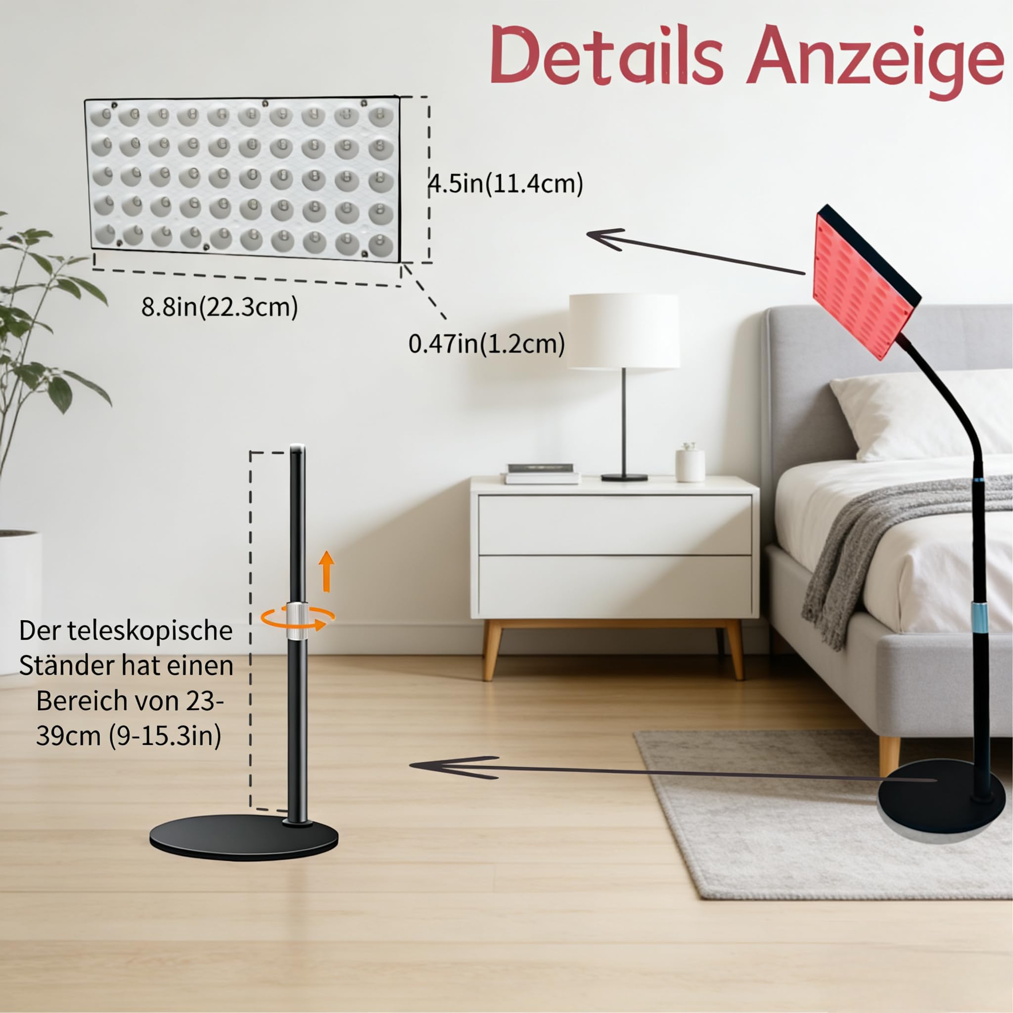 Panel terapeutyczny z czerwonym światłem 30 W, 100 diod LED, 660 nm i 850 nm, podwójna długość fali, regulacja jasności i timera, stojak z regulacją wysokości, w zestawie okulary ochronne na całe