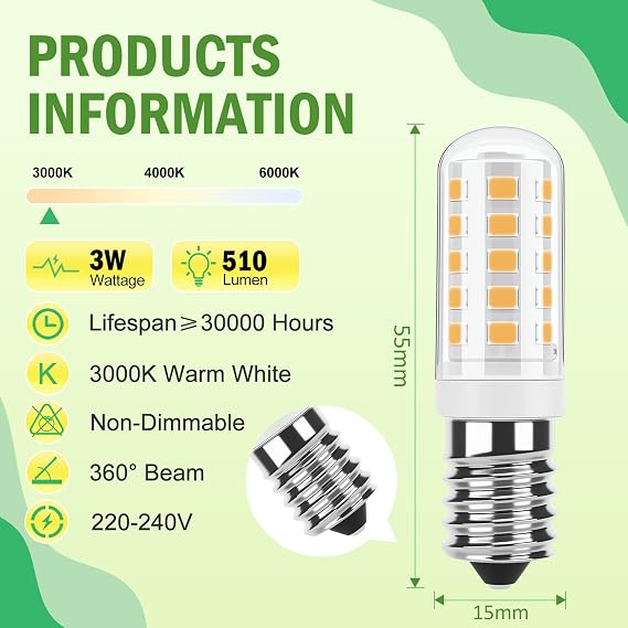 E14 Led Light Bulbs Warm White, 3W 510Lm 3000K Cooker Hood Bulb, Equivalent to 30-40W Halogen, 220-240V No Flicker Non-Dimmable Energy Saving, for Home Lighting 2-Pack [Energy Class C] [Energy Class C]