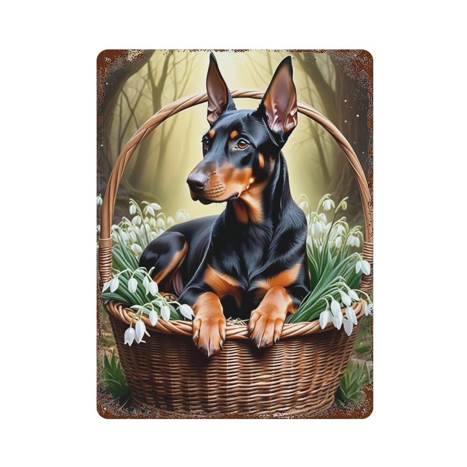 Rust Effect Doberman in Basket with Flowers Decorative Tin Sign 15.7"x11.8", Classic Wall Plaque for Pub, Kitchen And Man Cave Decor