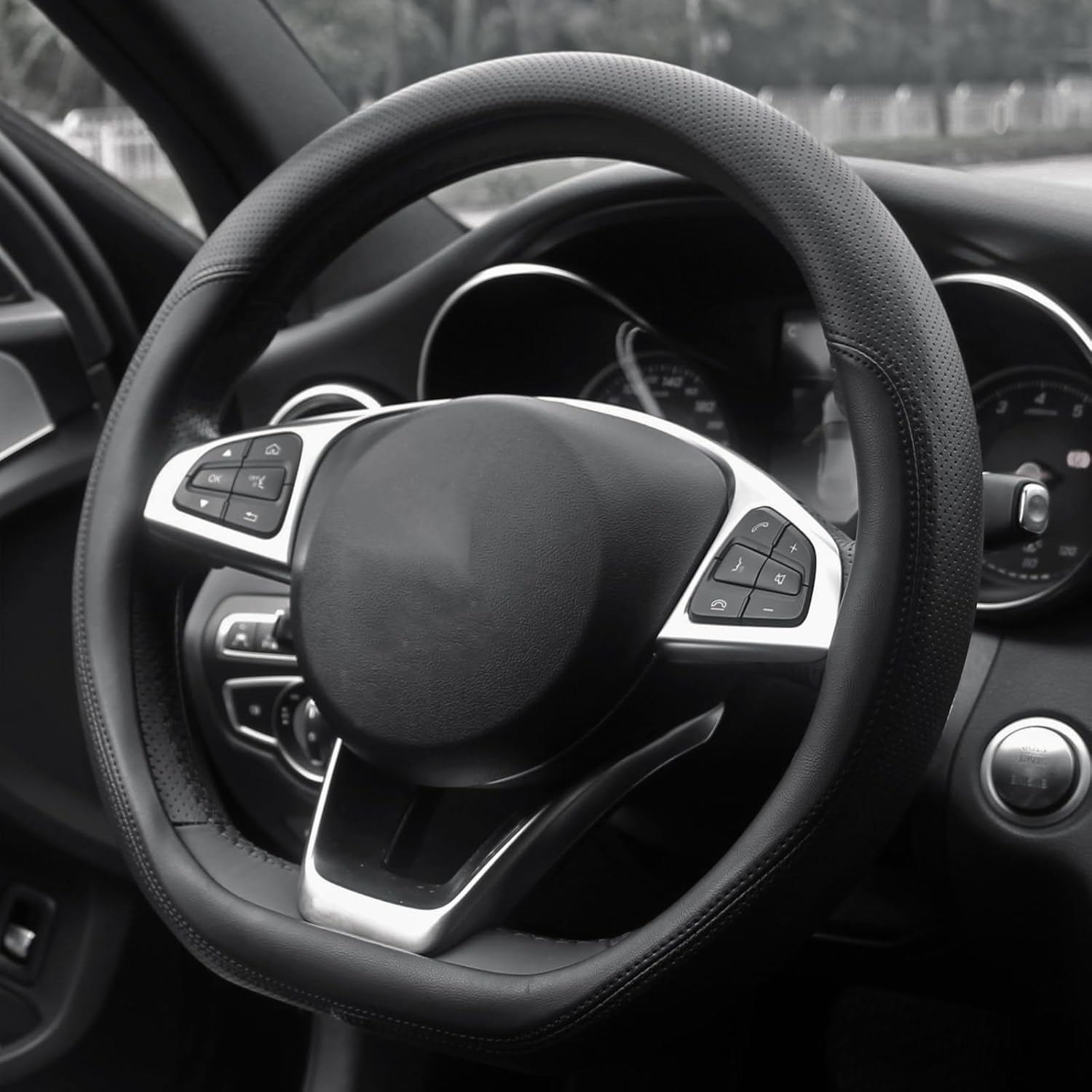 D Shaped Steering Wheel Cover, Flat Bottom Car Wheel Cover 14 1/2-15 inch (37-39 cm), Breathable Microfiber Leather, Black