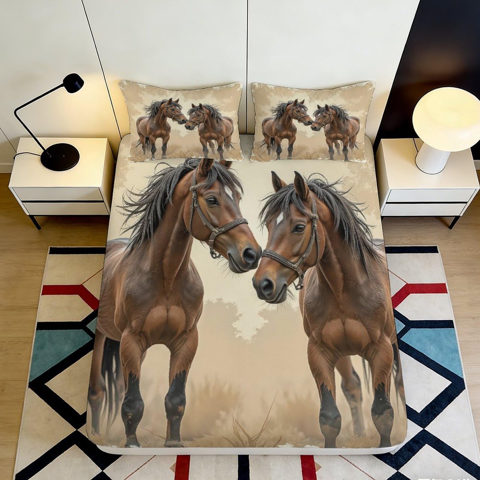 3D Printed Brown Horse Duo Fitted Sheet Microfiber Soft Mattress Cover for Bedroom Dorm Bed Decor Dustproof 120x200x25cm