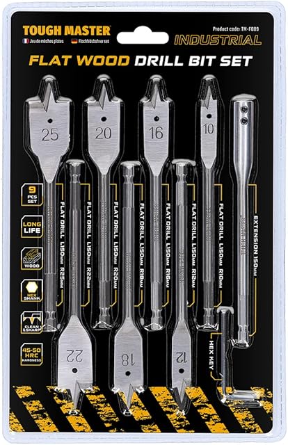 TOUGH MASTER 9 Piece Spade Drill Bits Set, ¼ Inch Quick Change Hex Shank, 10mm, 12mm,16mm, 18mm, 20mm, 22mm 25mm Flat Wood Drill Bits with Extension