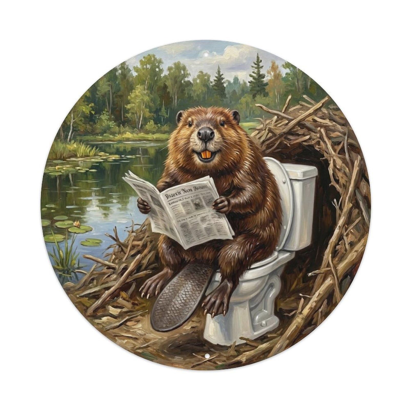 Beaver On Toilet Humorous Bathroom Dam Lodge Reads Metal Tin Sign