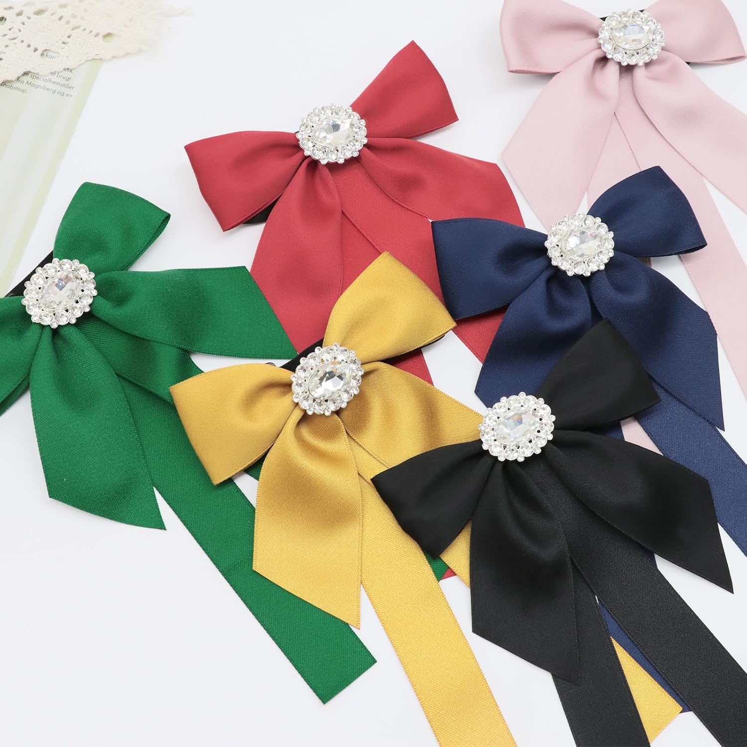 Bow Tie for Women, Pre-tied White Rhinestone Womens Bowtie Adjustable Ribbon Bow Ties for Women School Party Wedding