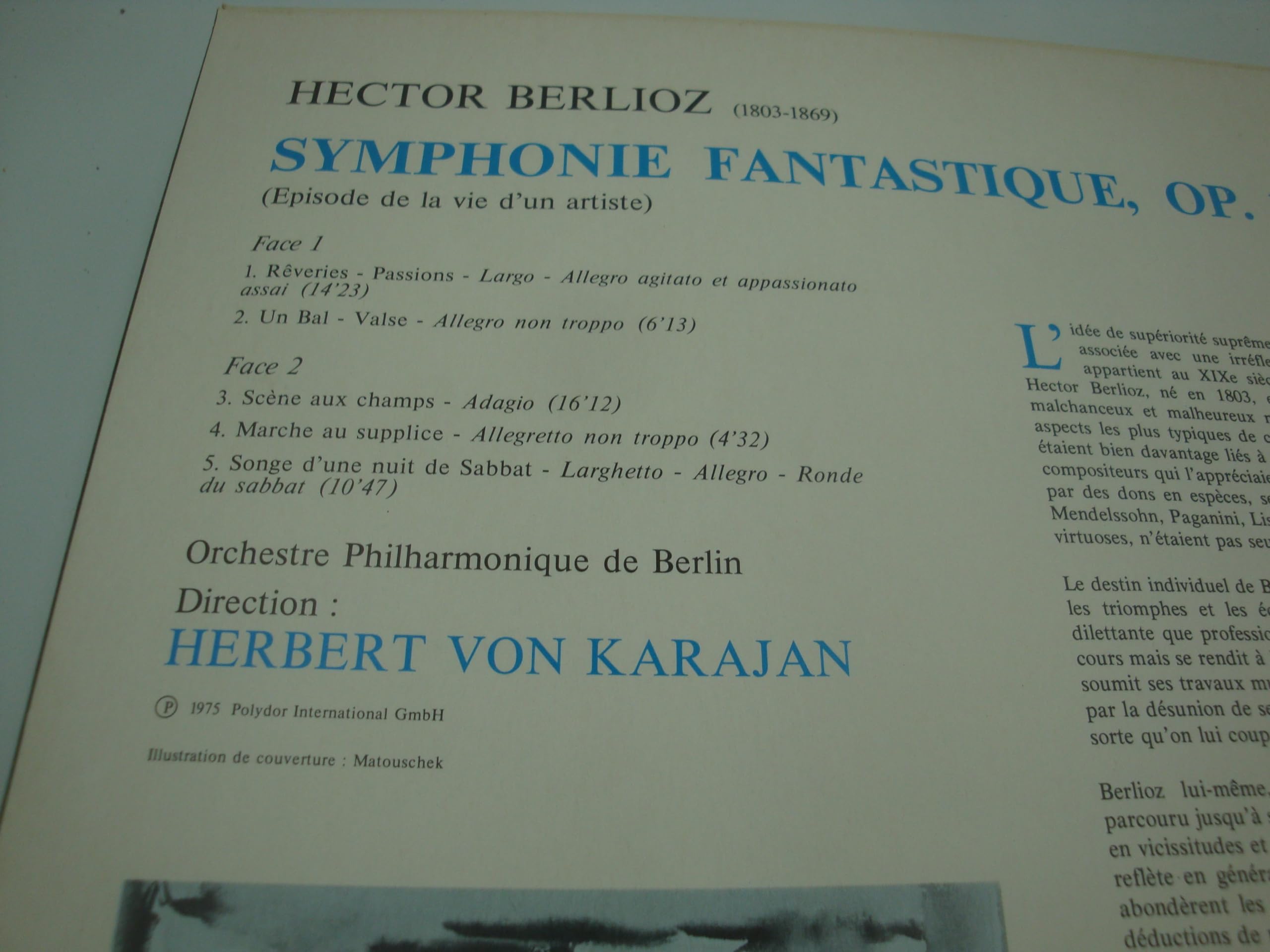 Disque Vinyle LP 33 Tours - Deutsche Grammophon 2530 597 - Hector Berlioz - Symphonie Fantastique - Herbert Von Karajan - Orchestre Philharmonique de Berlin
