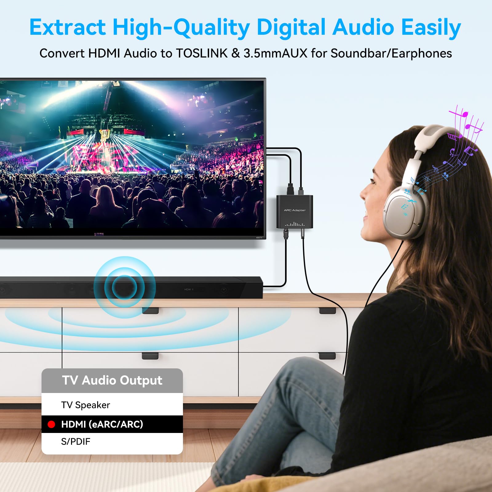 VPFET Extracteur audio HDMI ARC fonctionne uniquement pour HDTV ARC vers adaptateur audio optique convertisseur Toslink + sortie auxiliaire 3,5 mm compatible DTS/Dolby-AC3/DSD/LPCM pour barre de son