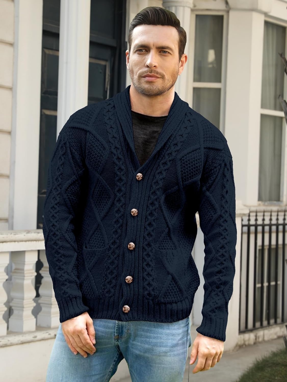 Comdecevis Mens Shawl Collar Cardigan Sweater Cable Knit Button Down Long Sleeve Casual Knitwear with Pockets - Image 6