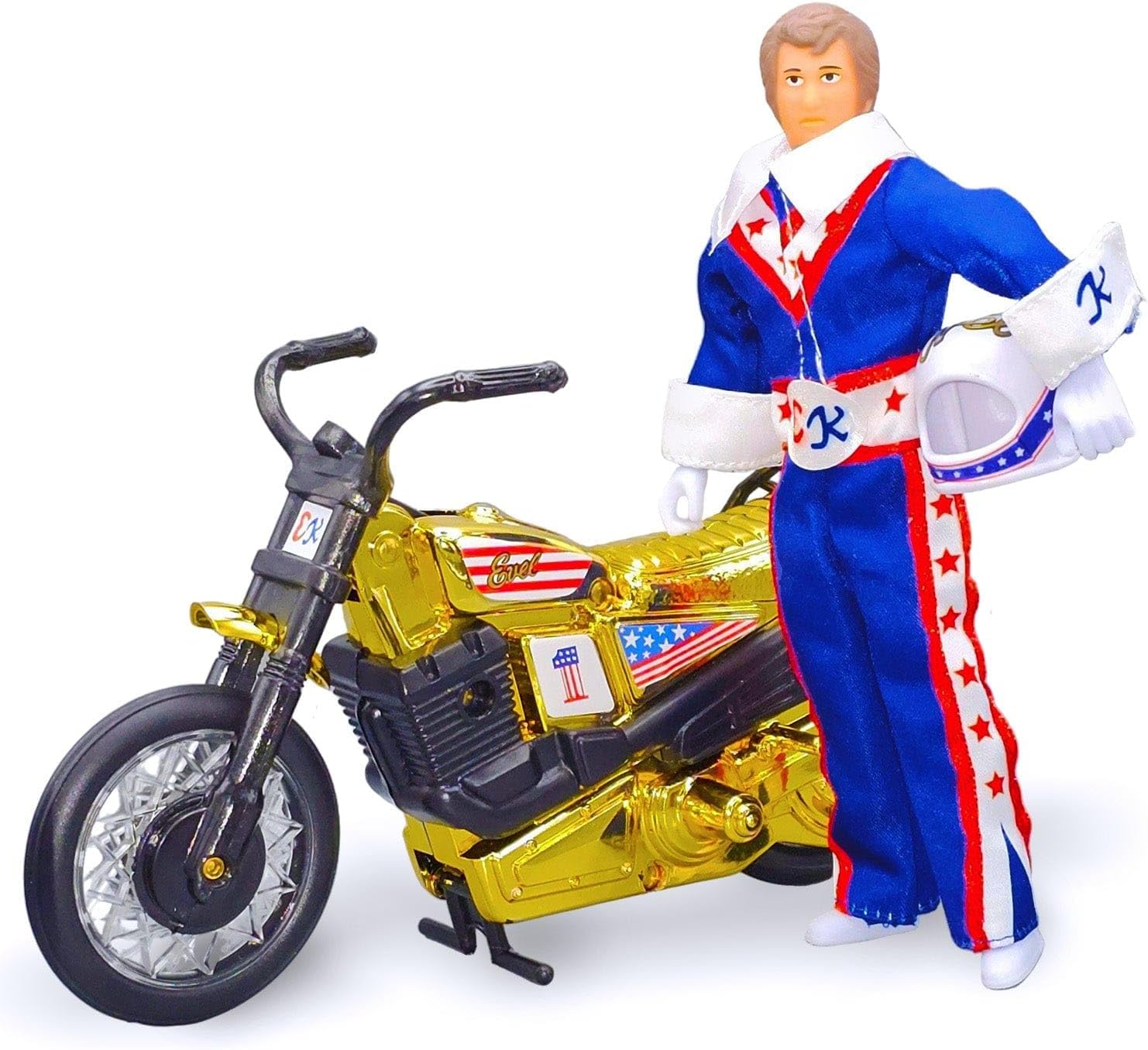 Evel Knievel Wembley 50th Anniversary Stunt Cycle Set – Limited Gold Edition Wind-Up Motorcycle with Rip Cord Launcher – Collectible Action Figure for Kids, Collectors & Stunt Fans 13+