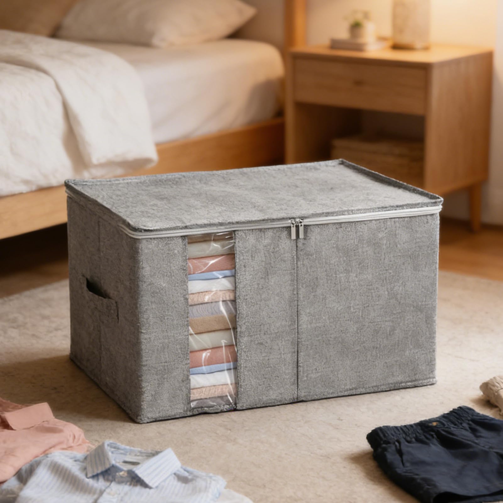 Organizadores Y Almacenaje De Ropa Contenedor Tela Plegable Con Ventana | Almacenamiento Ropa Gran Capacidad Con Tapa Cremallera Para Dormitorio Zapatos Manta Edredón