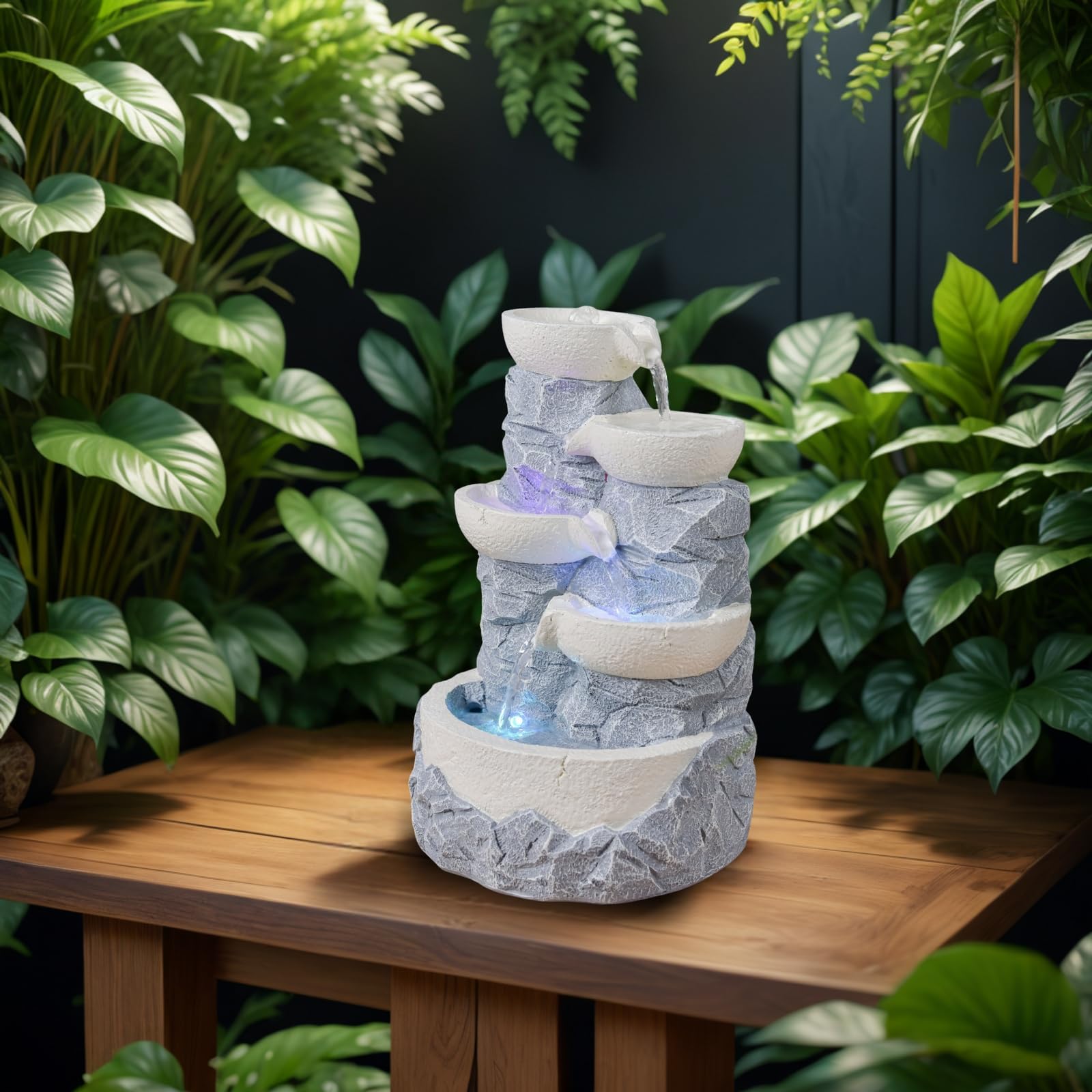 Fontaine d’Intérieur Cascade 4 Niveaux Jarre Effet Pierre Naturelle Lumière LED Coloré, Déco d’intérieur Zen et Reposant, Fontaine de Table, Idée Cadeau Exceptionnelle, H 31cm – Ganda Zen’Light