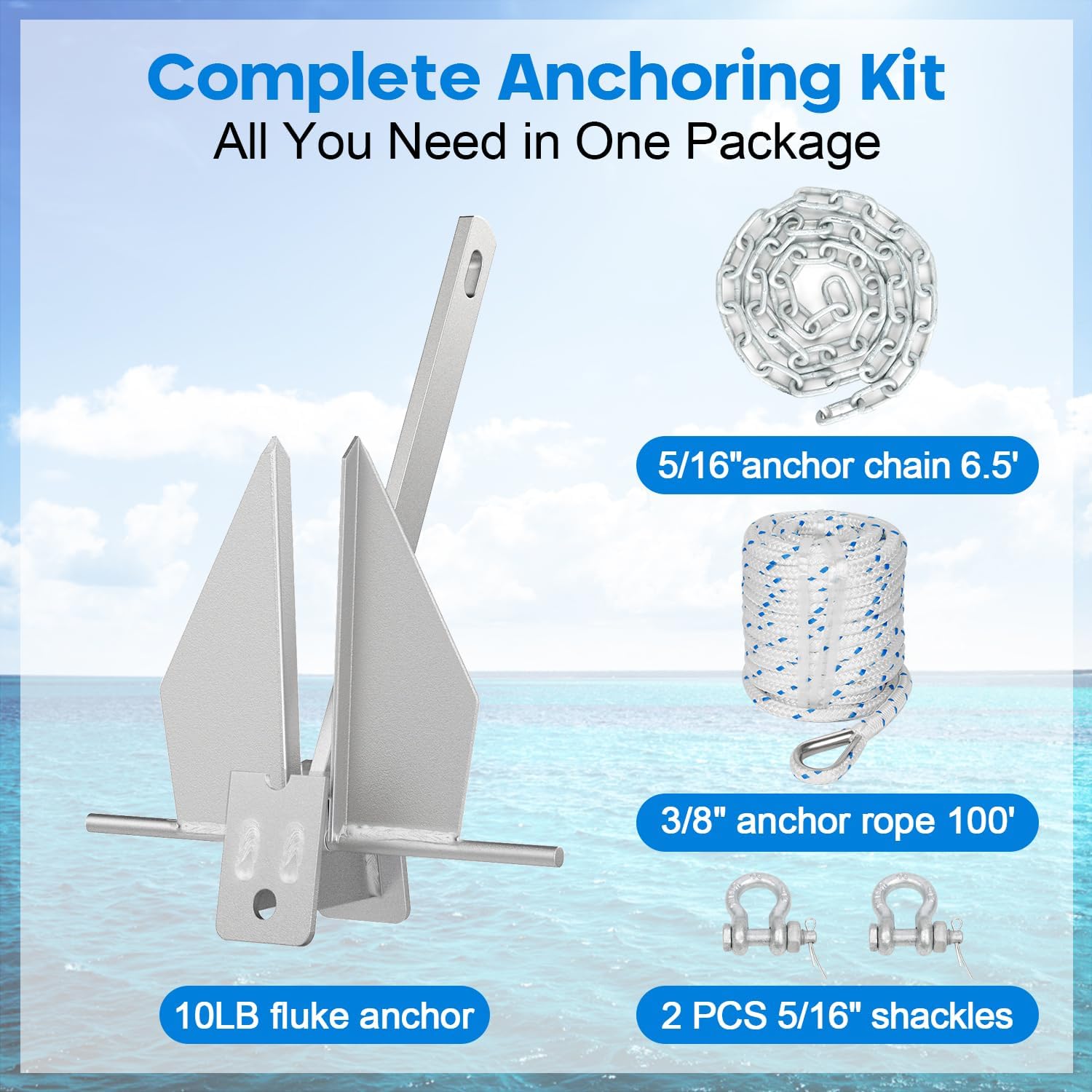 Galvanized Fluke Anchor Kit Includes Anchor Chain, Rope and Shackles, for Pontoons, Dinghies, Fishing Boats, Bass Boats, Sport Boats, Sport Yachts, 5/8/10/13 lb Boat Anchor Kit