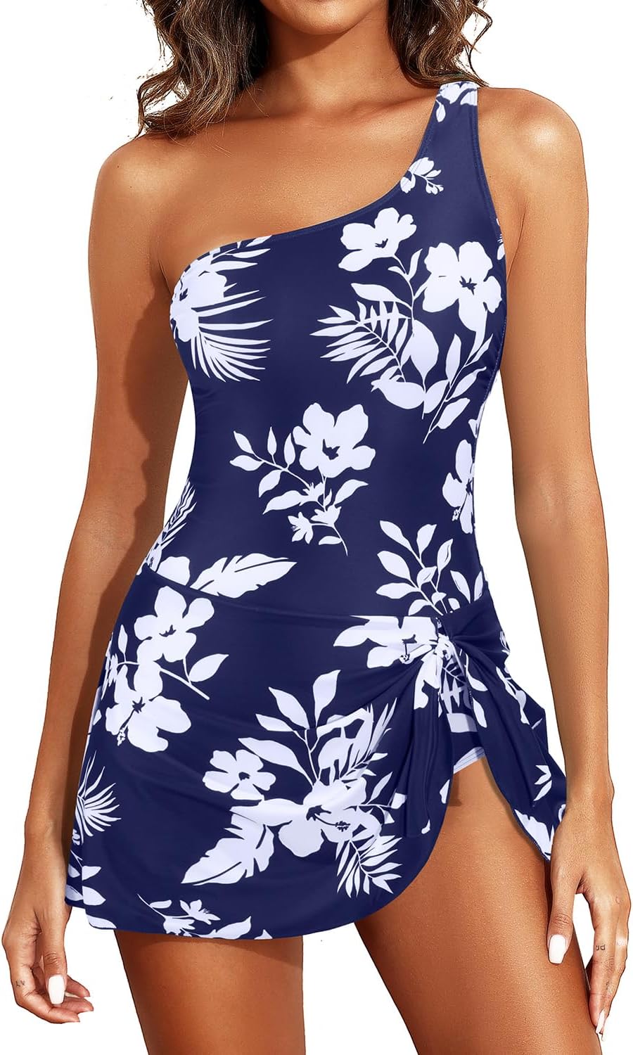 Tempt Me Women One Piece Swim Dress One Shoulder Swimsuit with Skirt Tummy Control Swimdress Bathing Suit