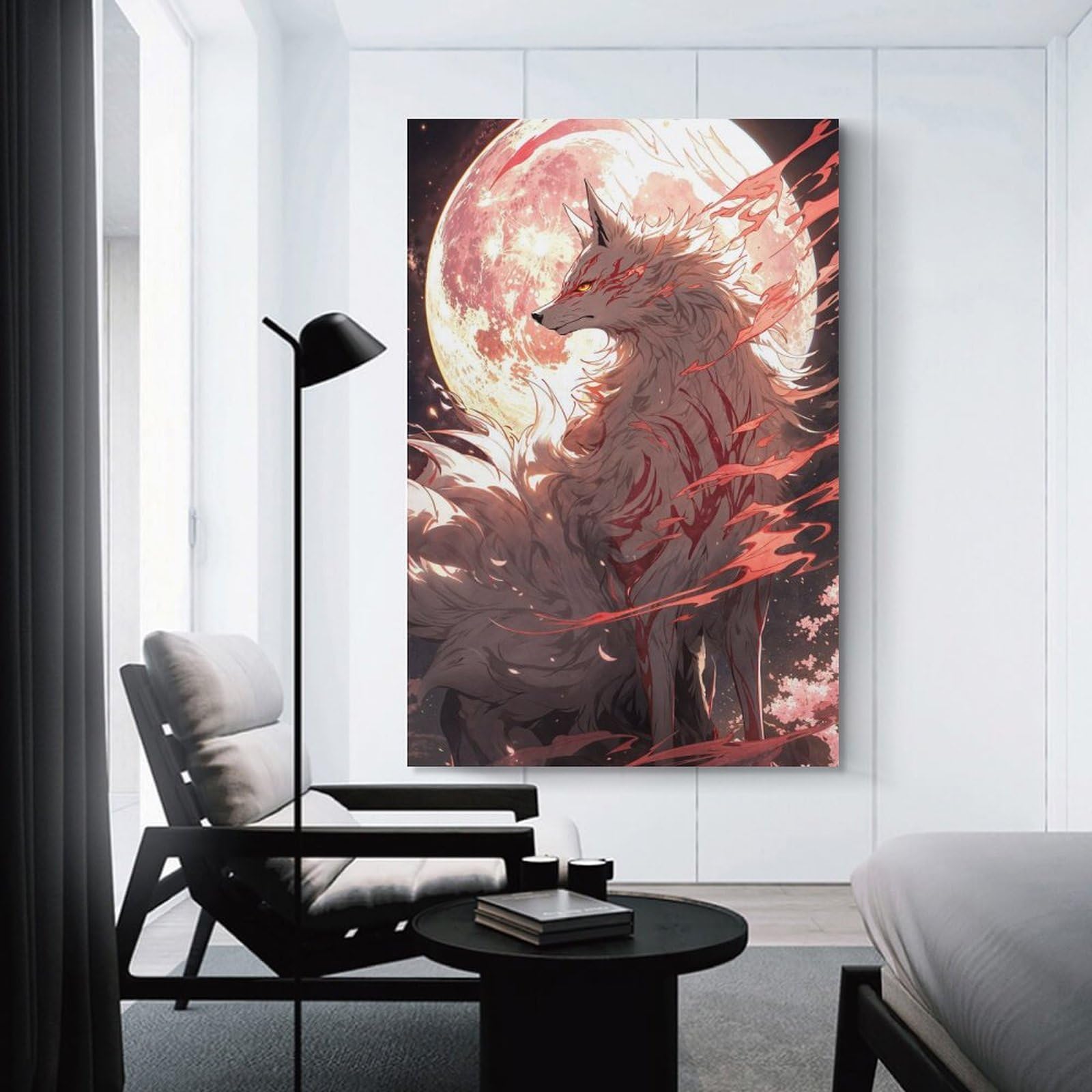 Junmoney Hanging Wall Art Wolf Moon Fantasy Art Print, 24x36inch(60x90cm), for Small Homes, Bedrooms Or Open Spaces, Wall Decor with Flexible Room Appeal