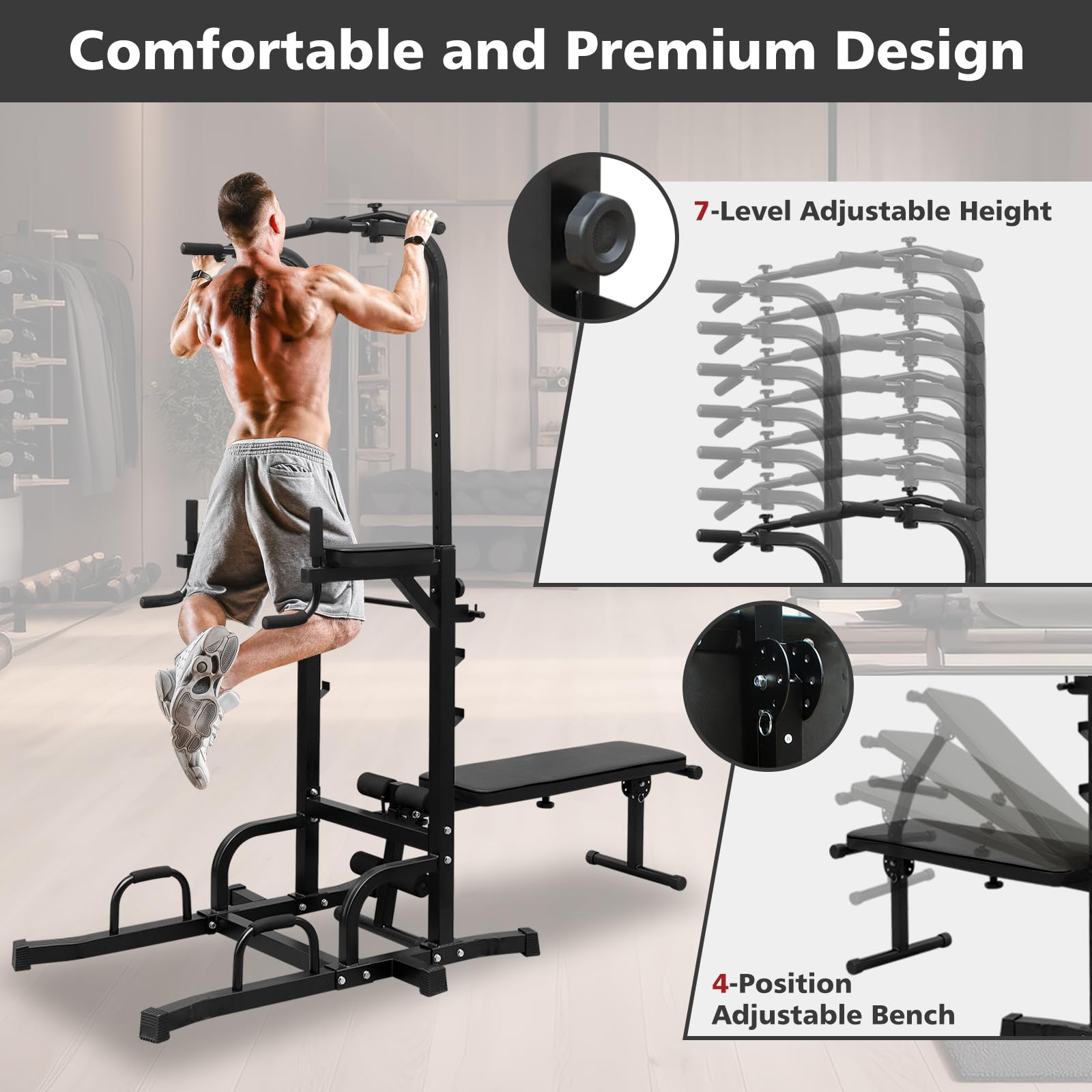 Generisch Klimmzugstange höhenverstellbar 154-207cm, 3in1 Multifunktions Kraftstation mit Trainingsbank & Hocker, Stabiler Krafttrainingsgerät für Ganzkörpertraining Zuhause