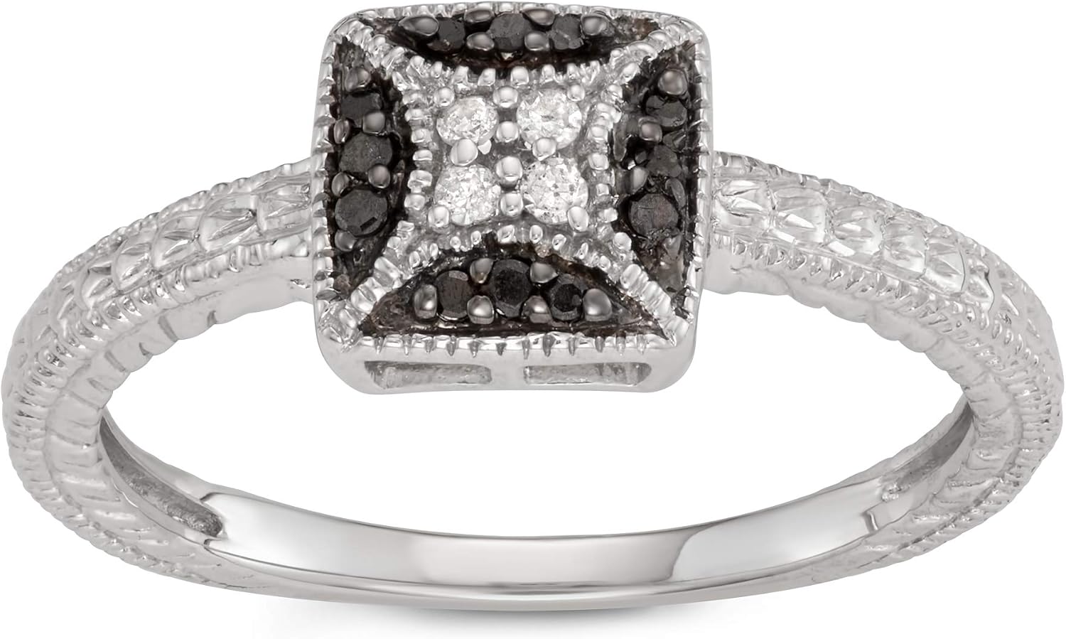 1/10 Carat Total Weight (cttw) Sterling Silver, White and Black Diamond Square Ring for Women
