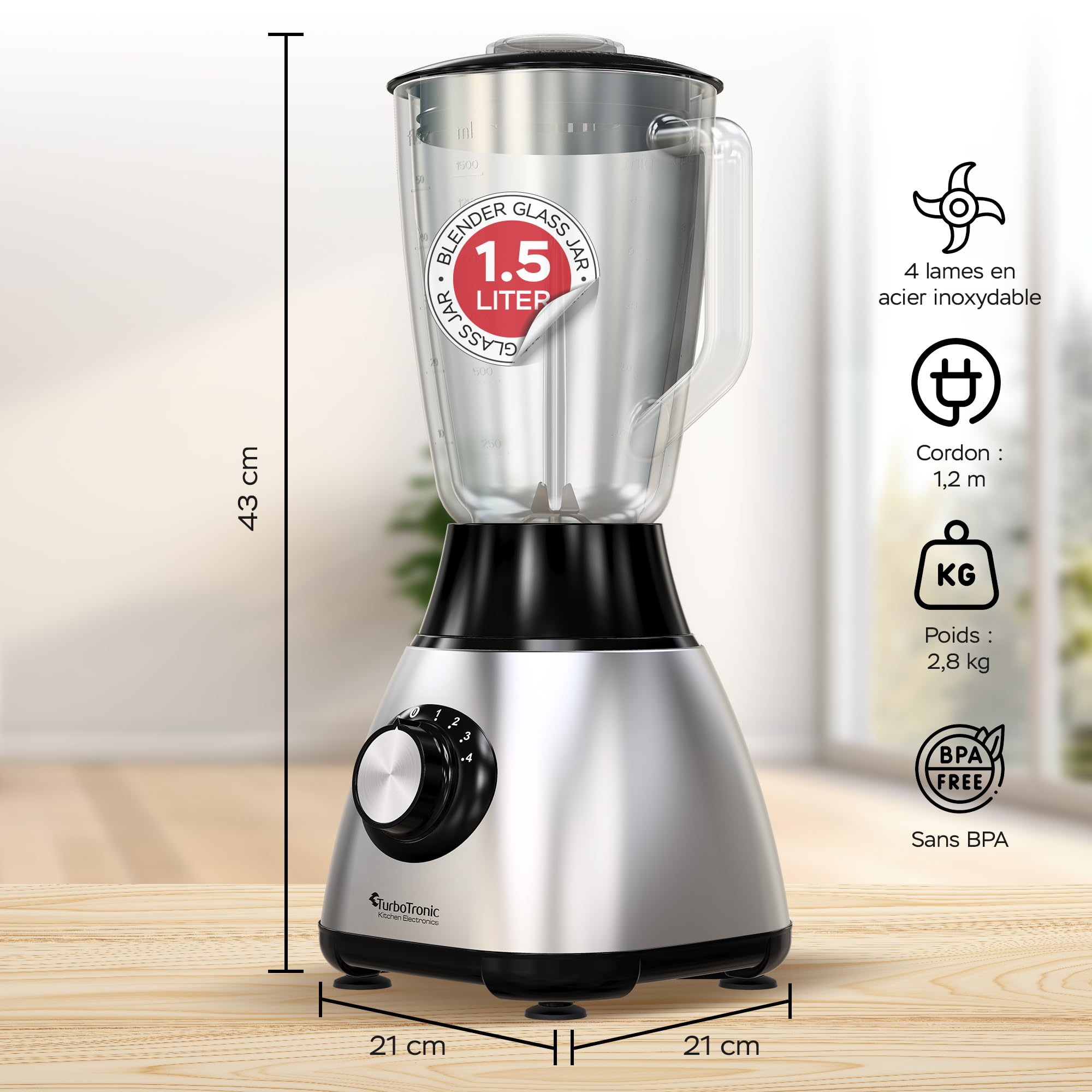 TurboTronic Mixeur 1200W, Blender avec bol en verre 1,5L, Fonction glace pilée – Sans BPA, Acier inoxydable – Smoothies, milkshakes et sauces