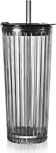 Miniatura 14 de Puraville Vaso de vidrio de 18 onzas con tapa y pajilla, cristalería gruesa con patrón de diamante vintage para whisky, cóctel, cerveza, vaso de