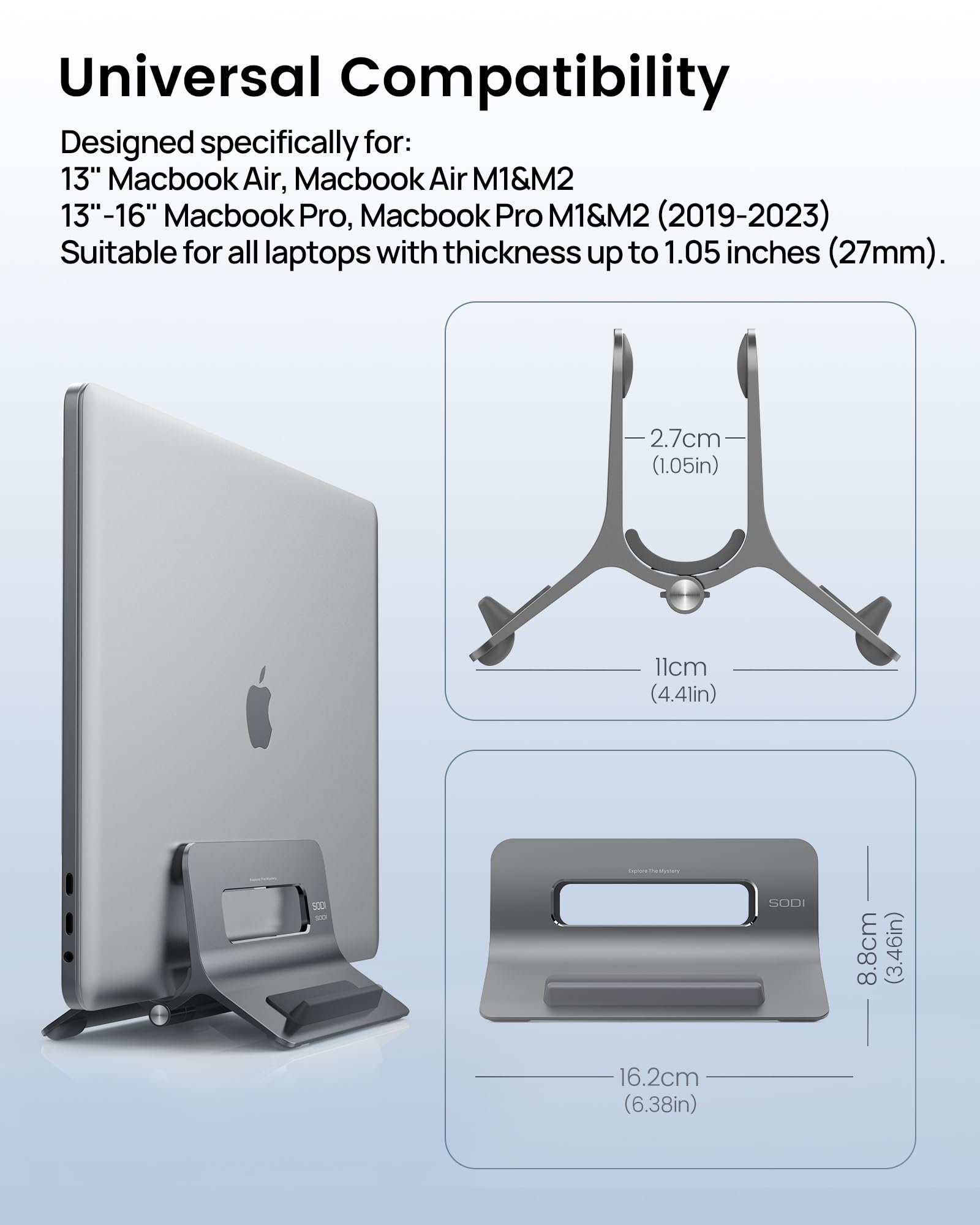 Soporte vertical para laptop para escritorio, soporte para MacBook con bloqueo automático por gravedad, soporte vertical de aluminio para laptop compatible con MacBook Pro, Air, tableta, ahorro 8