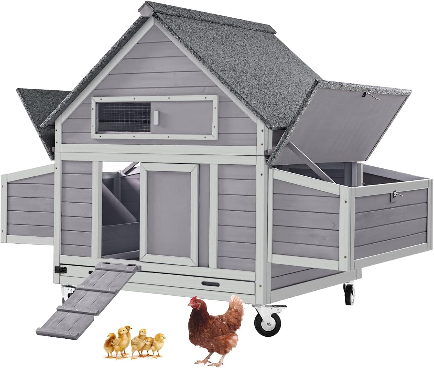 GUTINNEEN Large Chicken Coop for 6 Chickens, Movable Thickened Wooden Hen House on Wheels with Easy Clean Removable Tray & 2 Nesting Boxes, Extra Large Outdoor Duck Cage & Rabbit Hutch