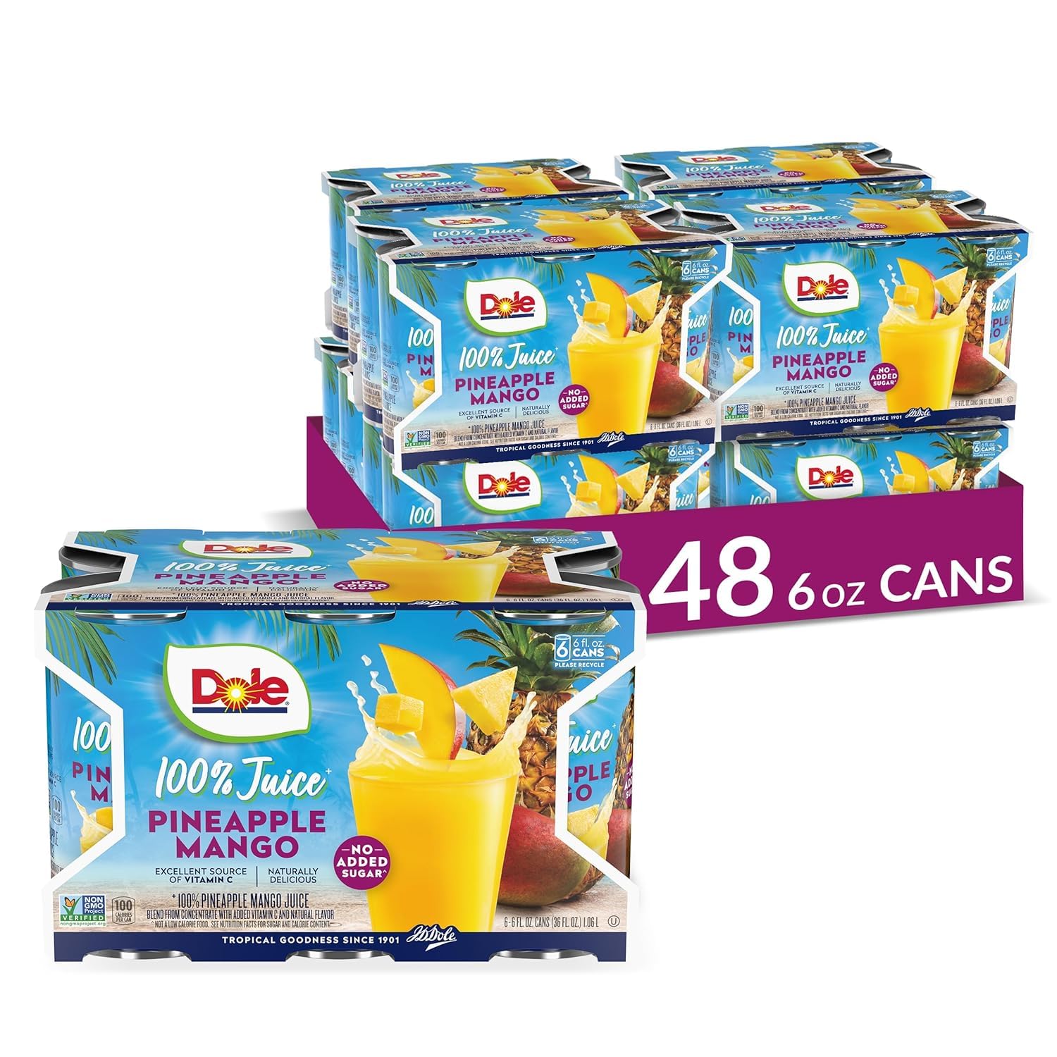 Dole 100% Pineapple Mango Juice, Excellent Source of Vitamin C, 6 Fl Oz (Pack of 6), 48 Total Cans