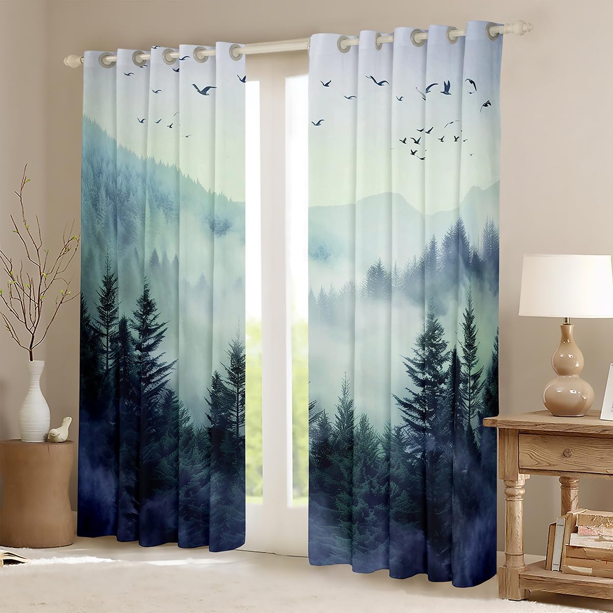 Erosebridal Blue Green Mountain Window Curtains Nature Forest Blackout Curtains Nature Misty Botanical Trees Window Treatments Drapes for Bedroom 2 Panels,38X45 Inch
