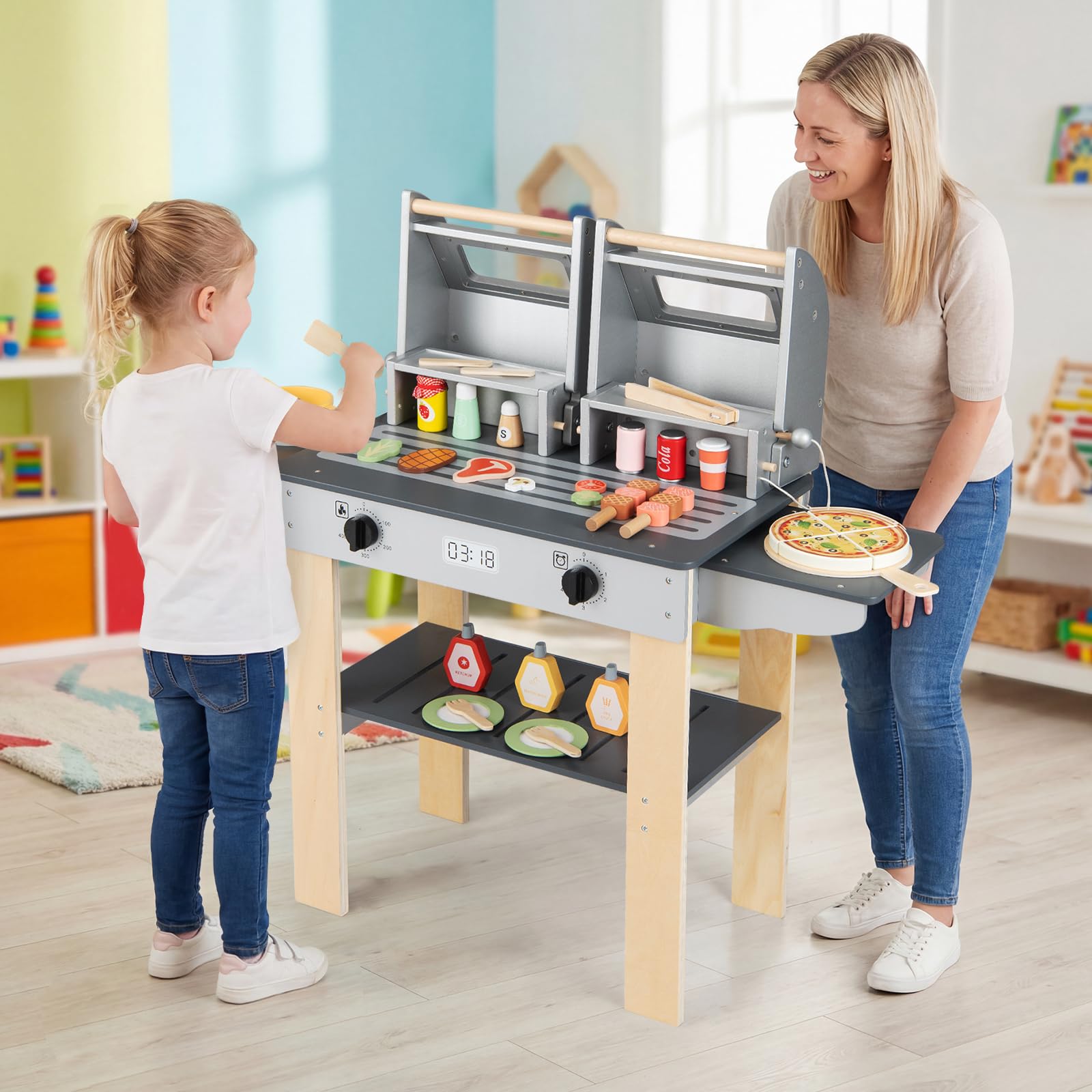 COSTWAY Barbecue Grill dziecięcy, zabawka do grillowania ze sztućcami do grillowania i jedzeniem do zabawy, kuchnia na błocie z 2 grillami i składanymi pokrywkami, zestaw kuchenny dla dzieci od 3 lat