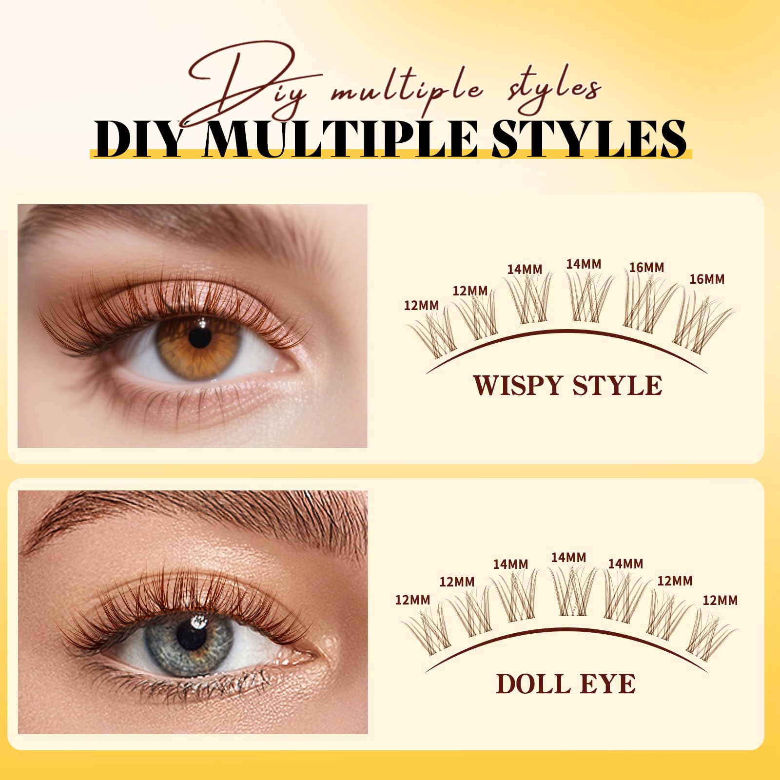 QUEWEL Fairy-Lash-Clusters Kit Cute Style, 144pcs Manga-Lash-Clusters Kit Mix10-18mm Wispy Natural Invisible Band Eyelash Clusters Kit for DIY Cluster Eyelash Extensions(Fairy 4 Set): Lash Kit-Brown Feather 4 Set