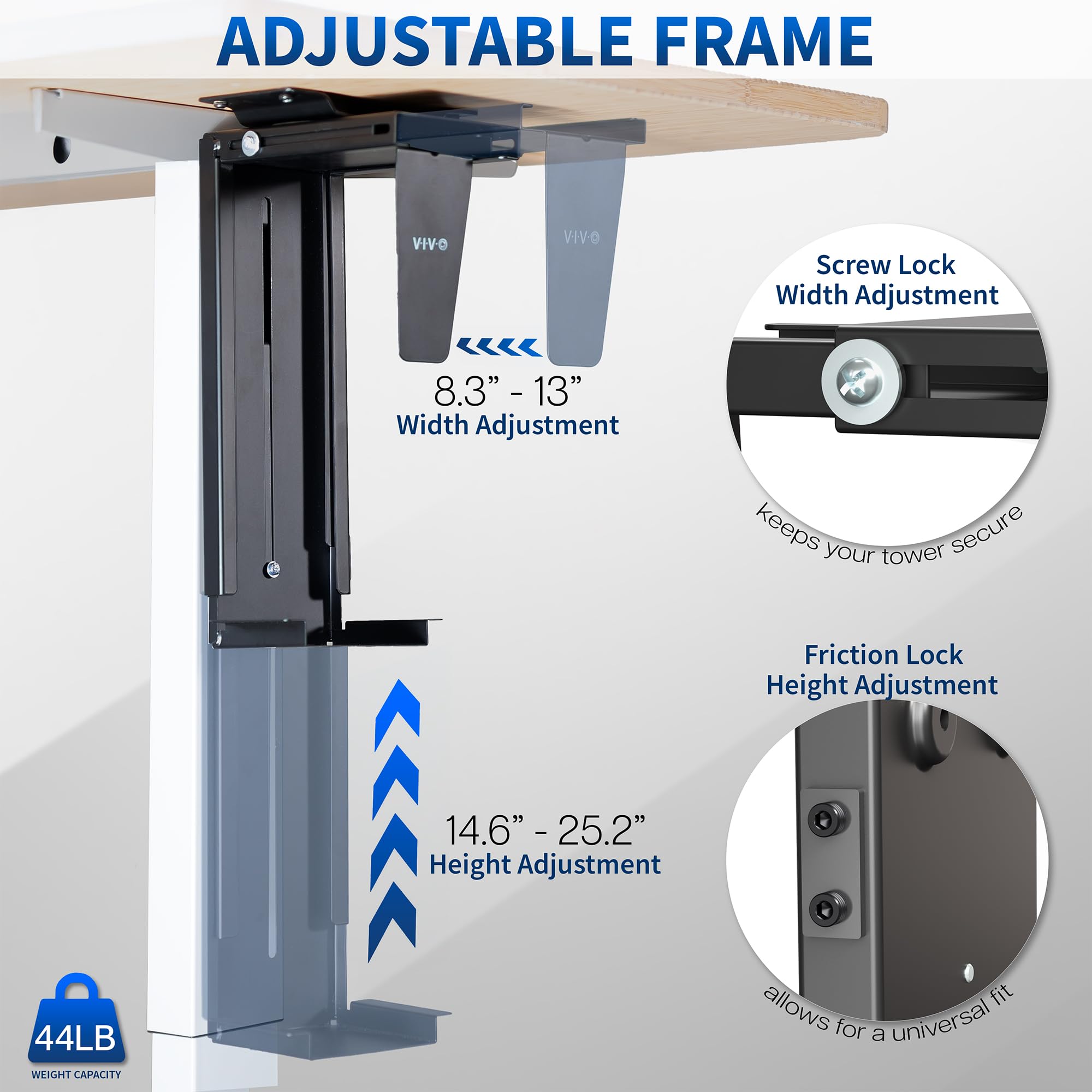 Vivo MOUNT-PC01L Support PC réglable Bureau Mur, Support CPU pivotant Verrouillage sécurisé Noir