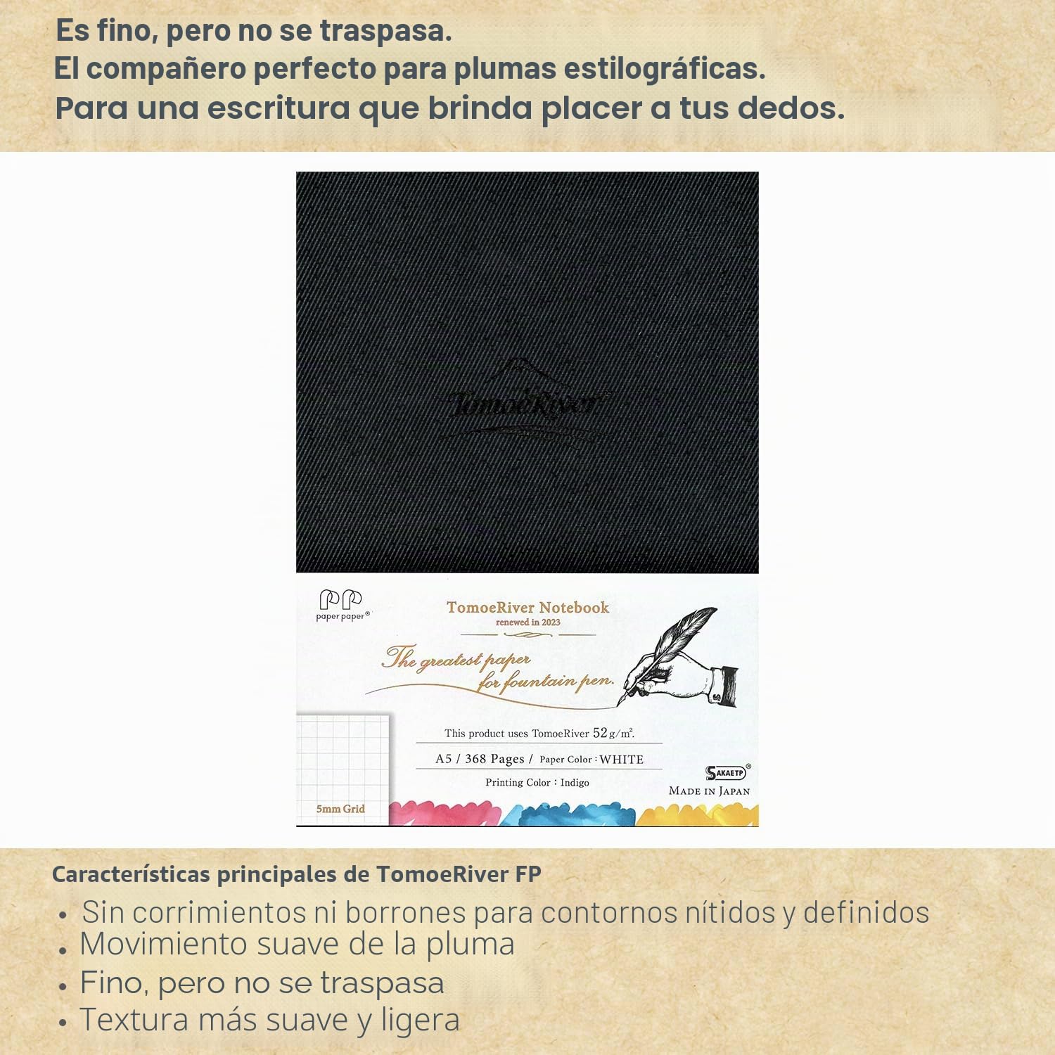 SAKAEテクニカルペーパー Tomoe River FP (52 g/m2) Cuaderno de SANZEN, 5.8 x 8.25 pulgadas, 368 páginas (184 hojas), tapa dura, 5 mm cuadrados, encuadernado con rosca, blanco (SR-A5HBW)