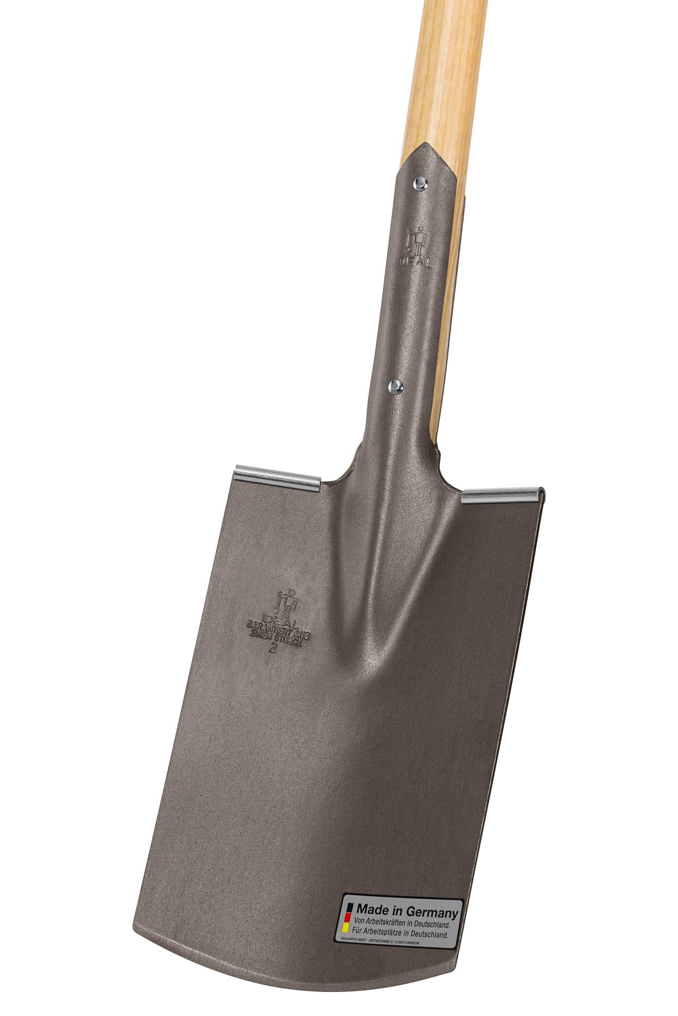 IDEAL-Bauspaten Gärtner Form | für mittelfeste, leicht steinige Böden | gestrahlter Doppelfederspaten, selbstschärfend, mit Tritt, Eschen-T-Stiel 85 cm