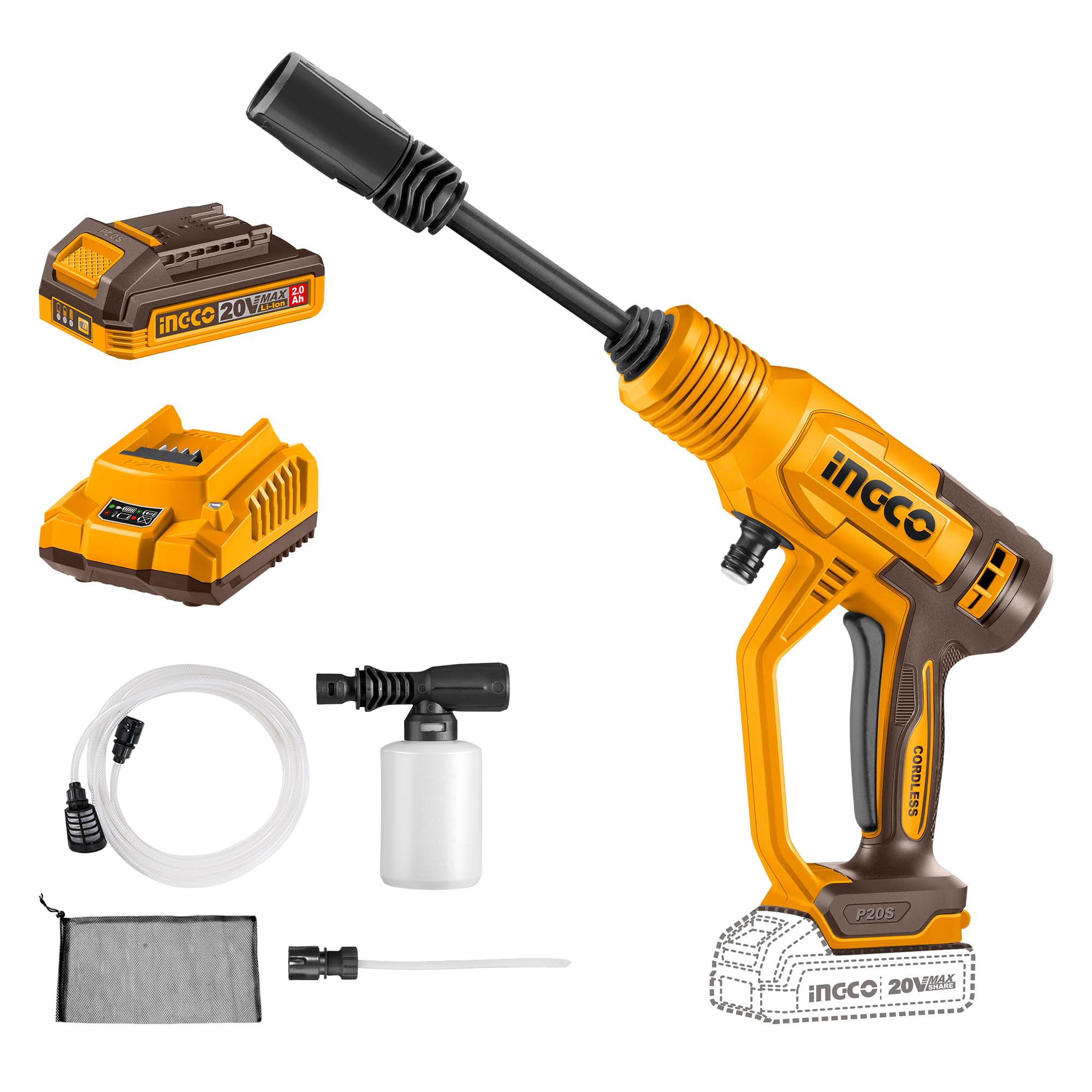 Person operating the INGCO Cordless Pressure Washer, showing high-pressure performance with max pressure 24.8 bar