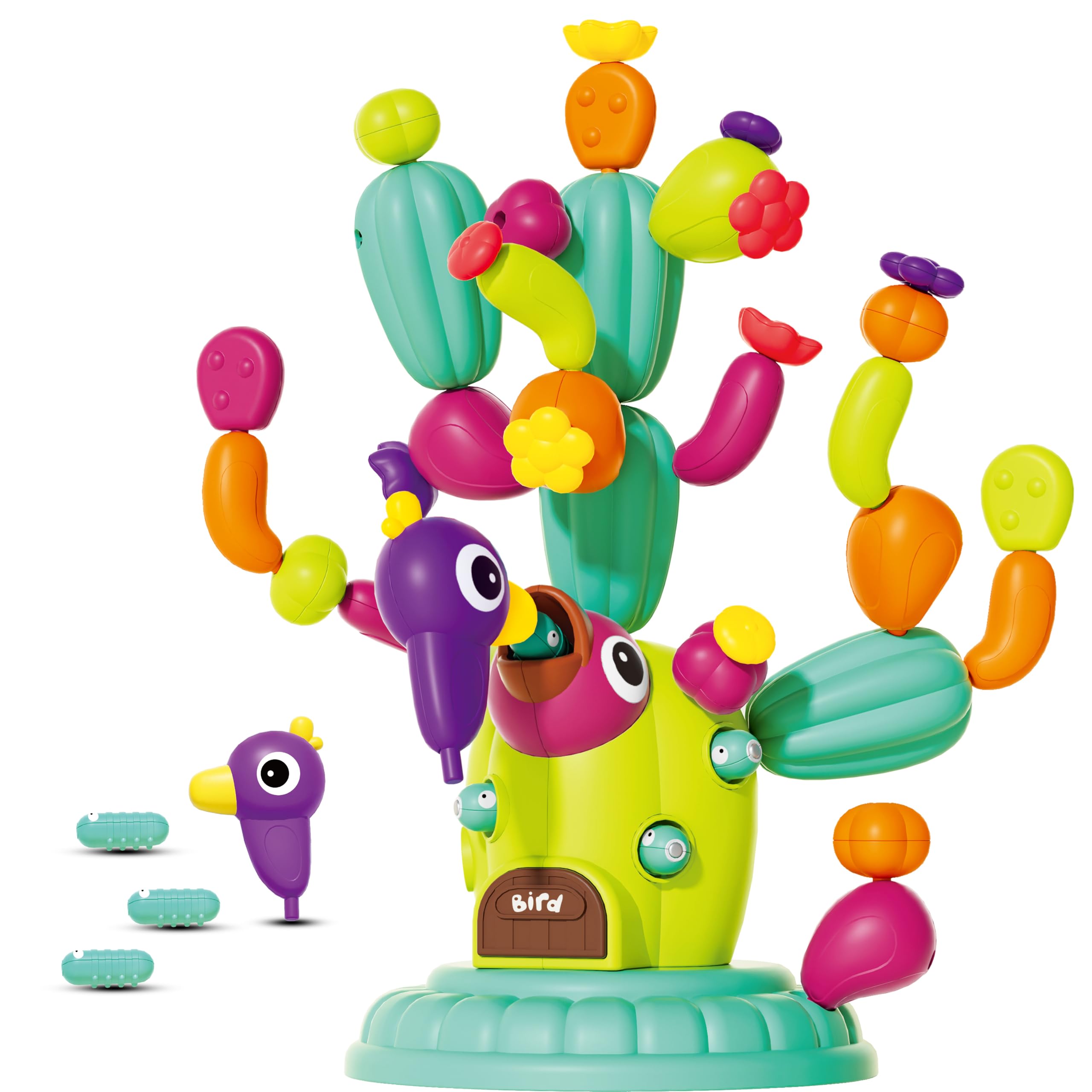 OLMURI Cactus Garden Toy for 3+ Age Girls and Boys, Flower Garden Building Toy with Magnetic Bird Feeding Game, Educational Preschool Birthday Gifts