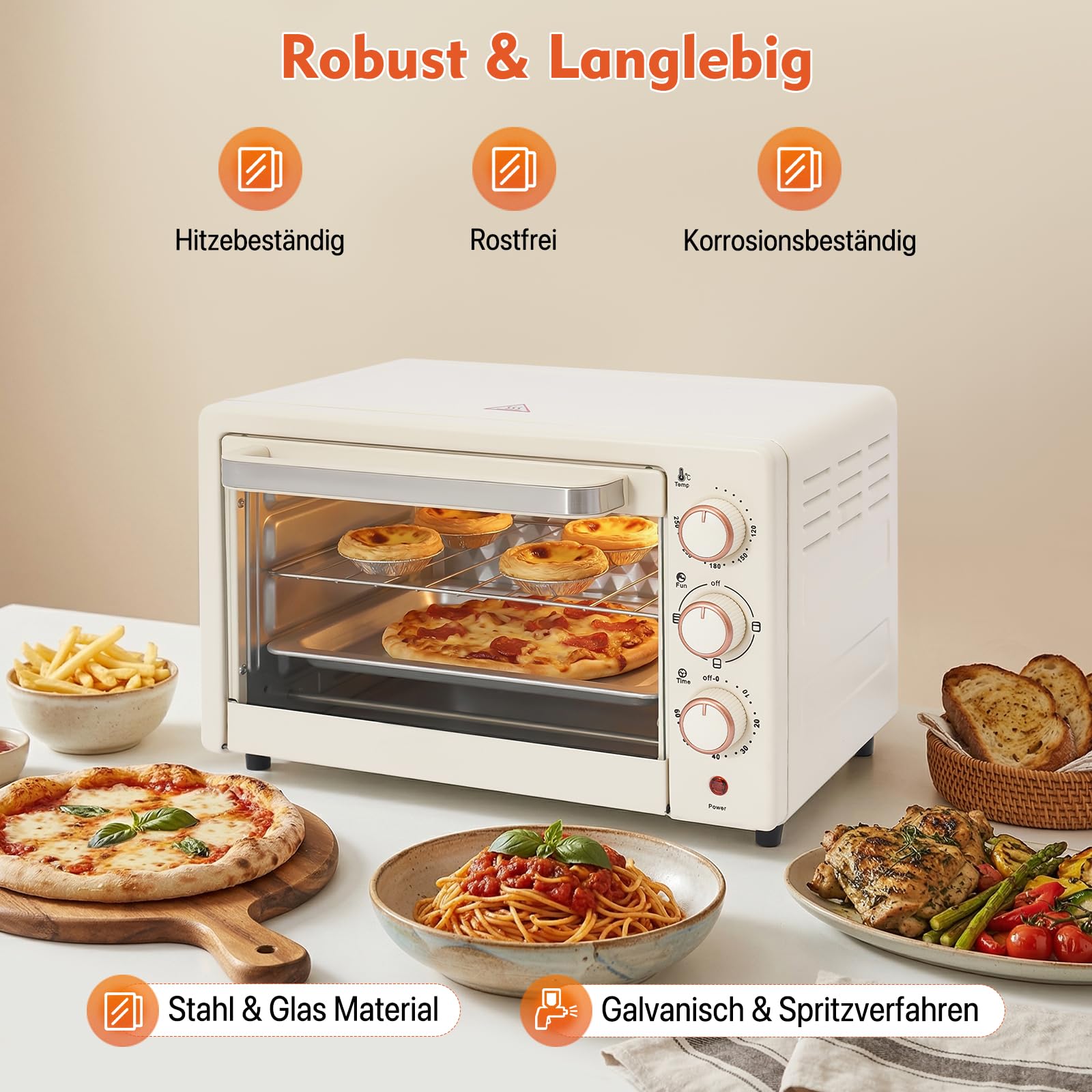 Mini forno compatto da 1000 W, 22 l, con bistecchiera e griglia, 4 tubi di riscaldamento, mini forno per pizza, pane, biscotti, barbecue, famiglia (bianco)
