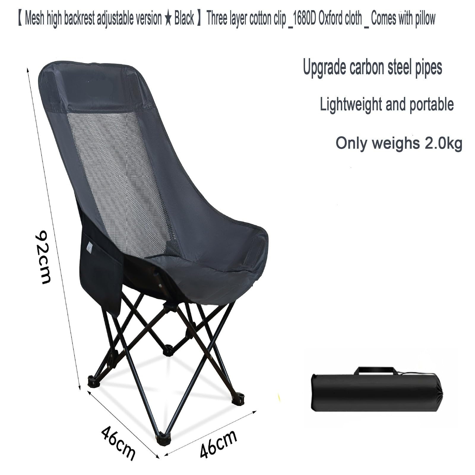 Chaise de Camping Pliable Surdimensionnée Portable avec Porte Gobelets et Accoudoirs Cadre Stable pour Extérieur Intérieur Camping Pêche Couleur Noir Gris D